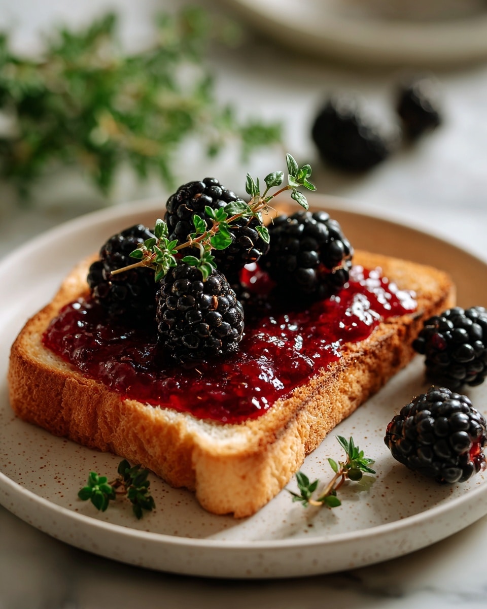 A single slice of toasted brown bread is spread with a thick, dark red berry jam as the first layer, topped by six shiny blackberries scattered on top. A fresh green sprig of thyme lies diagonally over the blackberries. The toast is placed on a white speckled plate, which rests on a white marbled surface. Three extra blackberries sit near the toast on the plate, and a few small green thyme sprigs are placed near the top edge of the plate. Photo taken with an iphone --ar 4:5 --v 7