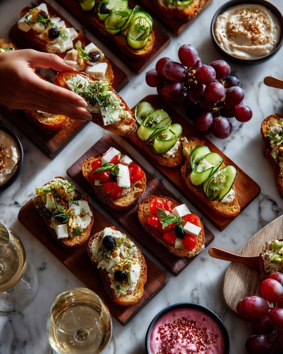 The image shows a white platter filled with many small toast slices topped with different fresh ingredients. Some slices have light green cucumber ribbons on a creamy base, others have strawberry halves with small white balls and green leaves, while a few feature red grapes with a soft white spread and green herbs. There are also slices topped with bright yellow corn kernels, green jalapeno slices, and some with green avocado slices on a pink spread sprinkled with seeds. Two white bowls hold creamy dips, one light brown with a silver spoon and the other pink with a wooden spoon. Clusters of red grapes sit on the platter edges, and two woman's hands are placing or picking the toasts. The background is a white marbled texture. photo taken with an iphone --ar 4:5 --v 7