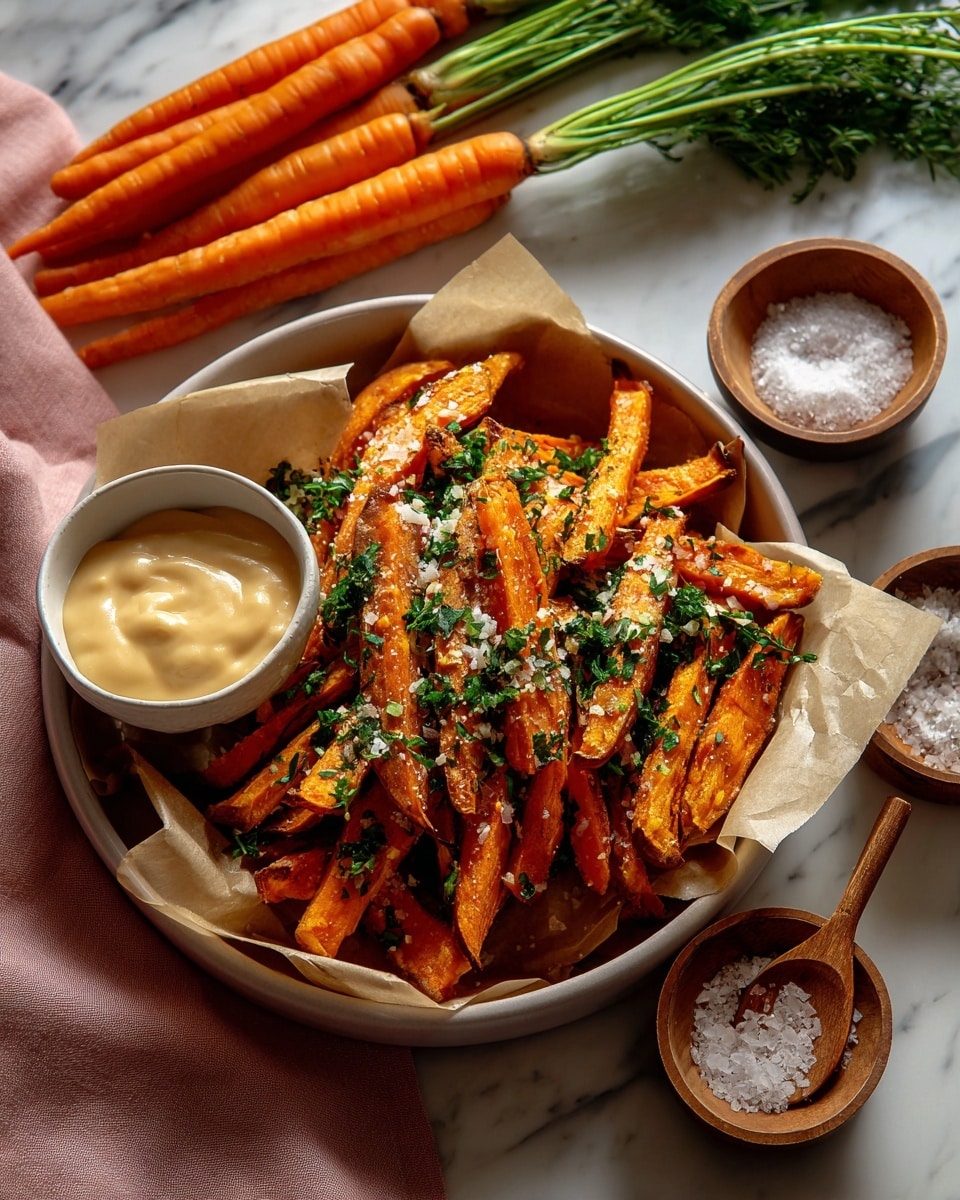 A white round plate lined with white parchment paper holds a pile of bright orange sweet potato fries garnished with small green herb bits. On the right side of the plate, there is a small white bowl filled with creamy light beige dipping sauce, with one fry dipped inside. To the left, fresh whole carrots with green leafy tops rest on a soft brown cloth. The background surface is a white marbled texture with small black specks scattered around. Photo taken with an iphone --ar 4:5 --v 7