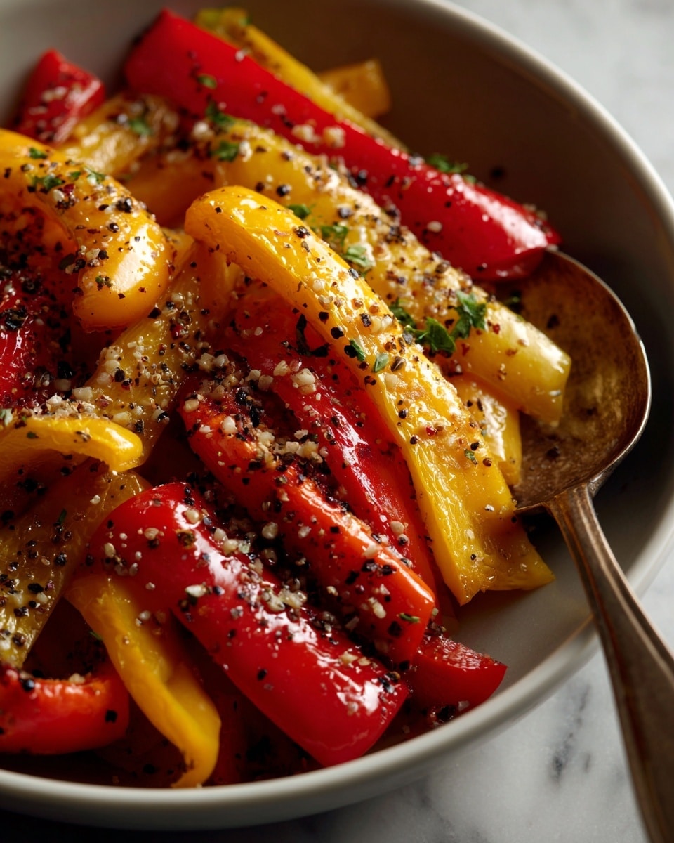 This image shows a white bowl with roasted bell peppers. The dish has two main layers: the top layer is made of deep red pepper strips that are shiny and slightly charred on the edges, and the bottom layer has bright yellow pepper strips also shiny and a bit soft. There are small dark specks of black pepper scattered on top, adding texture and contrast. In the bowl, to the right side, there is a silver spoon partially resting on the edges of the peppers. The bowl and spoon sit on a white marbled surface. Photo taken with an iphone --ar 4:5 --v 7