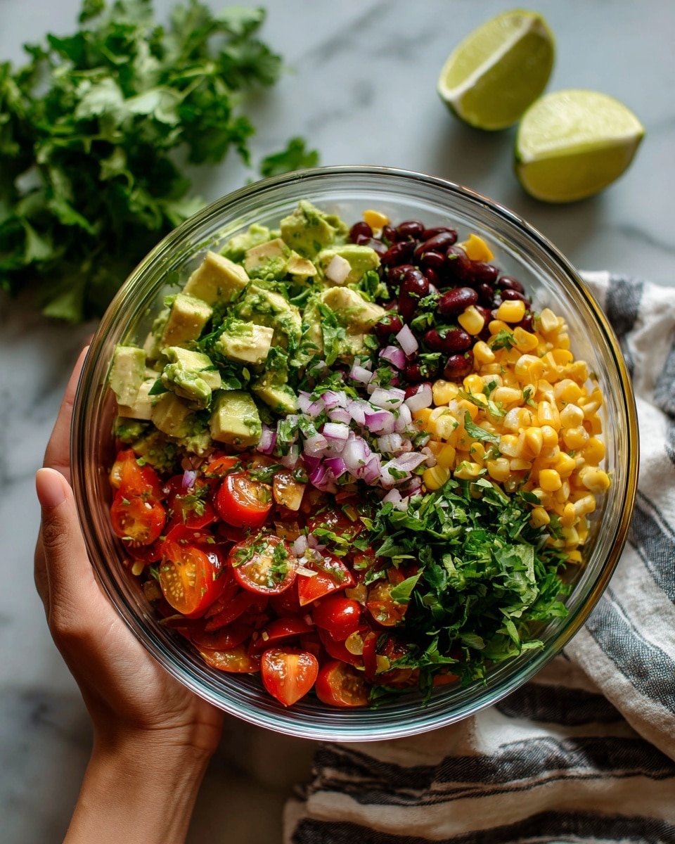 A clear glass bowl filled with a bright and colorful salad sits on a white marbled background. The salad has many small layers of ingredients mixed together: green avocado pieces, red diced bell peppers, black beans, yellowish corn kernels, halved cherry tomatoes with a shiny red color, small bits of purple onion, and green cilantro scattered throughout. The textures vary from soft avocado to crisp vegetables, creating a fresh look. To the top left corner, fresh green cilantro leaves are visible, and a half-cut lime with a bright yellow-green inside is placed near the bowl. A woman's hand is holding the bowl gently on the left side on top of a cloth with gray and white stripes. photo taken with an iphone --ar 4:5 --v 7