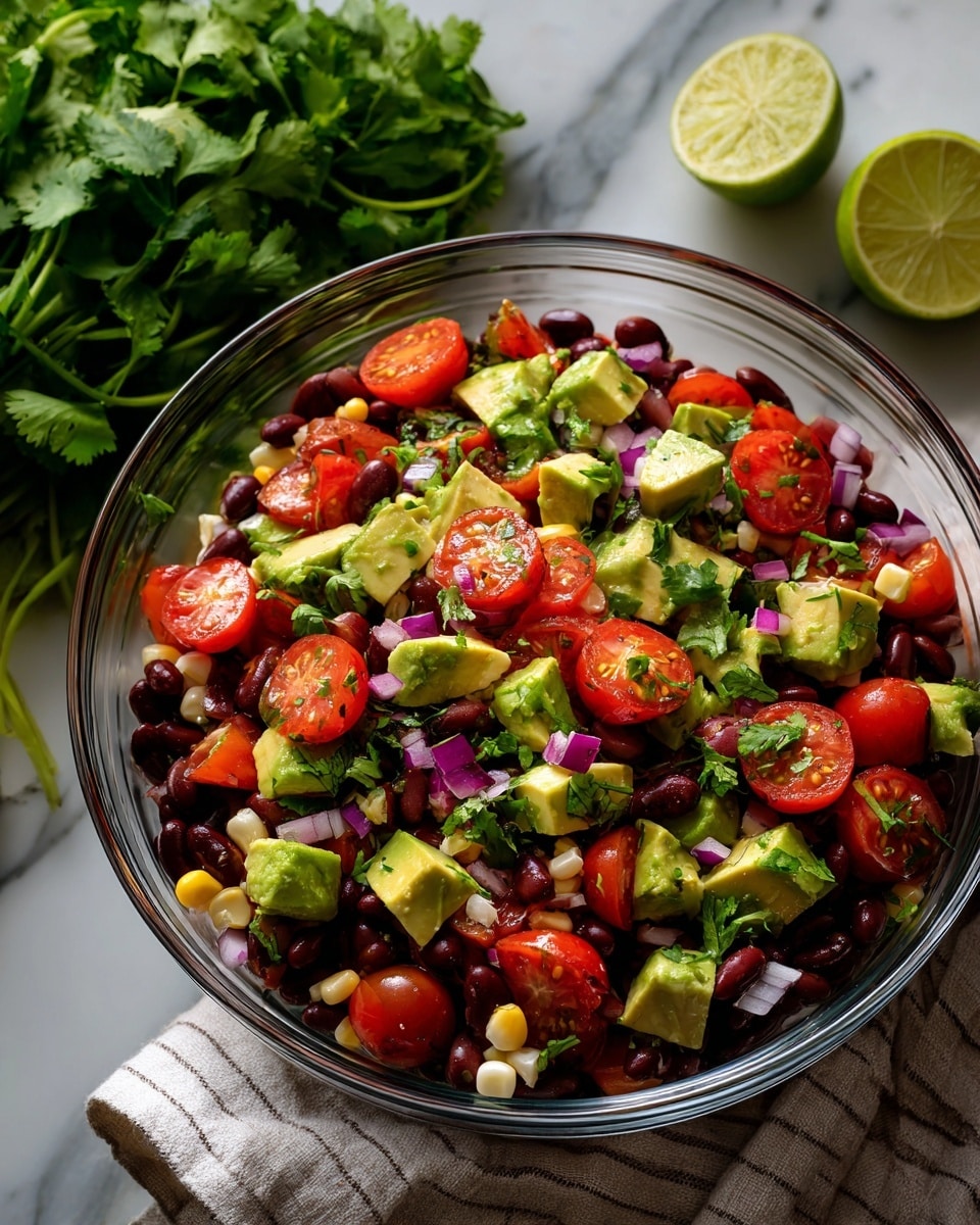 A clear glass bowl filled with a colorful salad made of several layers mixed together: light yellow corn kernels, dark brown beans, bright green avocado chunks, small red bell pepper pieces, halved red cherry tomatoes with visible seeds, and finely chopped purple onions. There are small bits of fresh green cilantro scattered across the salad. The bowl sits on a white marbled surface with a bunch of green cilantro and half a lime nearby, and a striped cloth in soft gray and white is placed next to it. Photo taken with an iphone --ar 4:5 --v 7