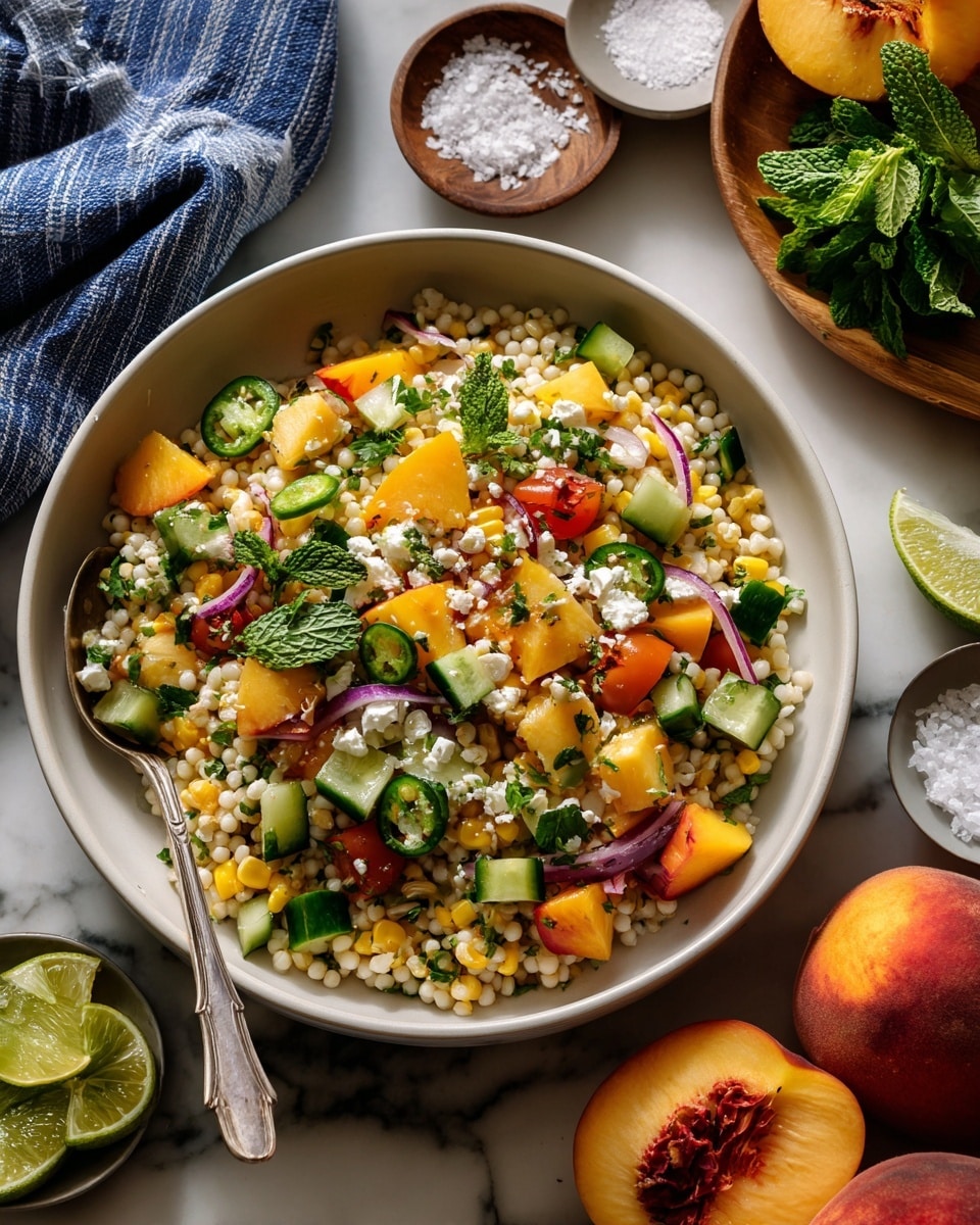 A white bowl filled with a colorful salad that has three main layers: the base is small, round quinoa pearls in light beige; scattered on top are pieces of bright yellow corn, deep red bell pepper chunks, and dark green cucumber cubes; the top layer shows thin slices of red onion, small green jalapeño rings, fresh green mint and cilantro leaves, and white crumbles of cheese. The bowl sits on a white marbled surface, with a silver spoon placed inside. To the right, there is a wooden plate with lime halves and mint leaves, and near the bottom, two whole peaches and some cilantro sprigs. Photo taken with an iphone --ar 4:5 --v 7