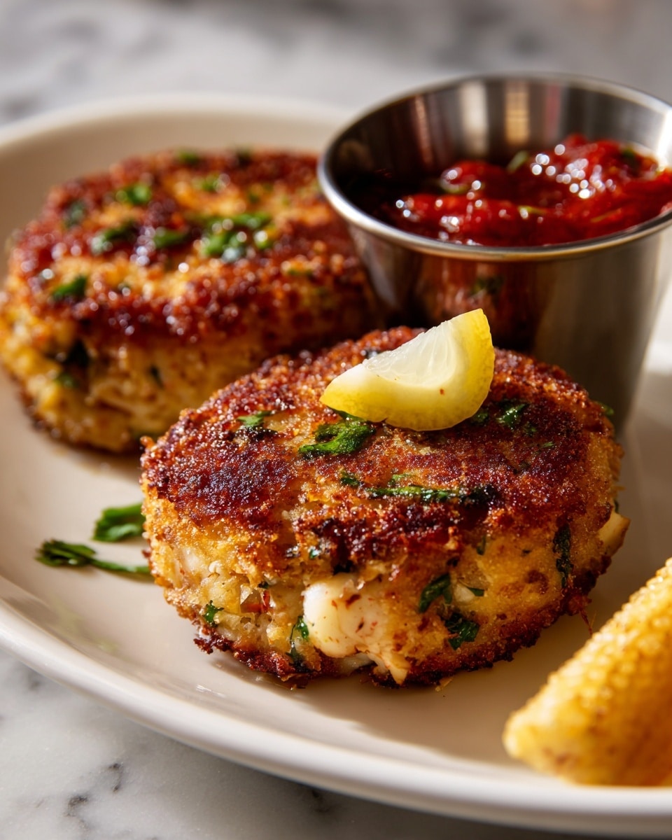 Two round crab cakes with a rough, uneven surface showing bits of crab meat and herbs are placed side by side on a white plate. The crab cakes have a golden brown color with some darker toasted spots. On top of the front crab cake, there is a small wedge of lemon and a sprinkle of chopped green parsley. To the right of the crab cakes, there is a small metal cup filled with thick red sauce. In the background, some round golden brown hush puppies and a piece of corn on the cob with yellow kernels are partly visible. The plate rests on a white marbled surface. photo taken with an iphone --ar 4:5 --v 7