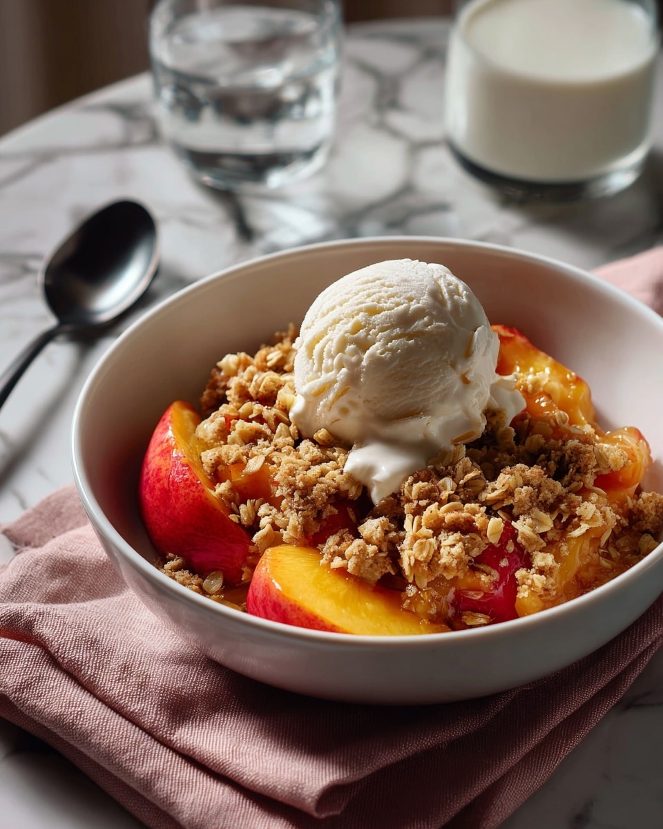 A white plate holds a peach cobbler with a golden brown, crumbly top layer that is uneven and rustic in texture. Beneath the crust, vibrant yellow-orange peach slices are soft and juicy, partially visible through the cracks in the topping. On top of the cobbler sits a smooth, round scoop of white vanilla ice cream, slightly melting at the edges. The plate is placed on a folded pink cloth, and a silver spoon lies to the left of the plate, all set on a white marbled surface. Photo taken with an iphone --ar 4:5 --v 7