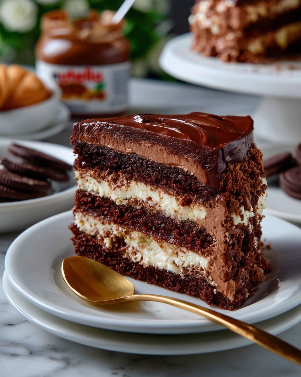 A slice of rich chocolate dessert is placed on a white plate with a gold spoon beside it. The dessert shows four layers: three dark chocolate cookie layers alternating with three light, fluffy chocolate cream layers, all topped with a thick, smooth layer of shiny chocolate spread. In the background, there is a blurred jar of Nutella, a pile of chocolate cookies on a white plate, and a glass bottle with milk. The whole setting is on a white marbled surface with some loose chocolate crumbs scattered around. Photo taken with an iphone --ar 4:5 --v 7