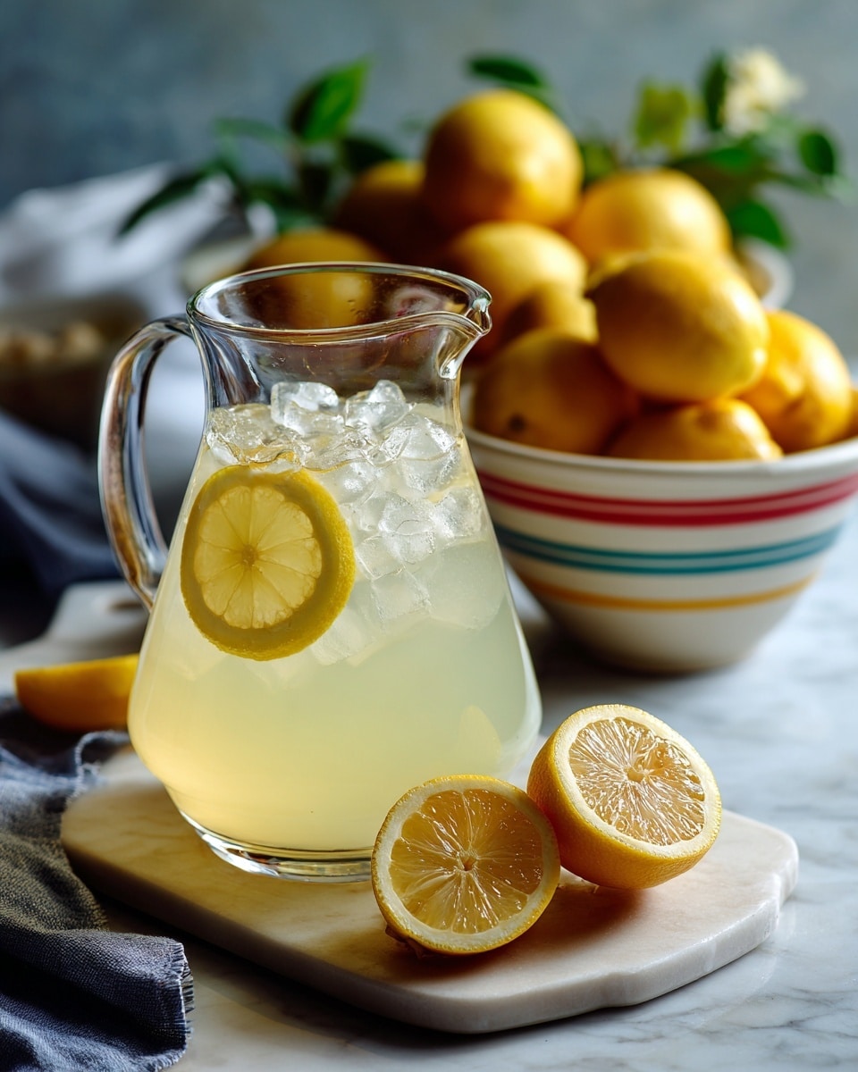 A tall clear pitcher filled with light yellow lemonade taking up about three-quarters of the height, with ice cubes floating near the top. Two lemon slices are inside, one pressed against the front glass near the top and the other barely visible inside. The pitcher has a clear handle curving out on the right side. In front, on a white wooden board with a worn look, there is one lemon half lying flat and another whole lemon behind it. In the background, there is a white bowl with colorful horizontal stripes, filled with whole yellow lemons, sitting on a white marbled surface. The gray hexagonal pattern wall is blurred behind everything. Photo taken with an iphone --ar 4:5 --v 7