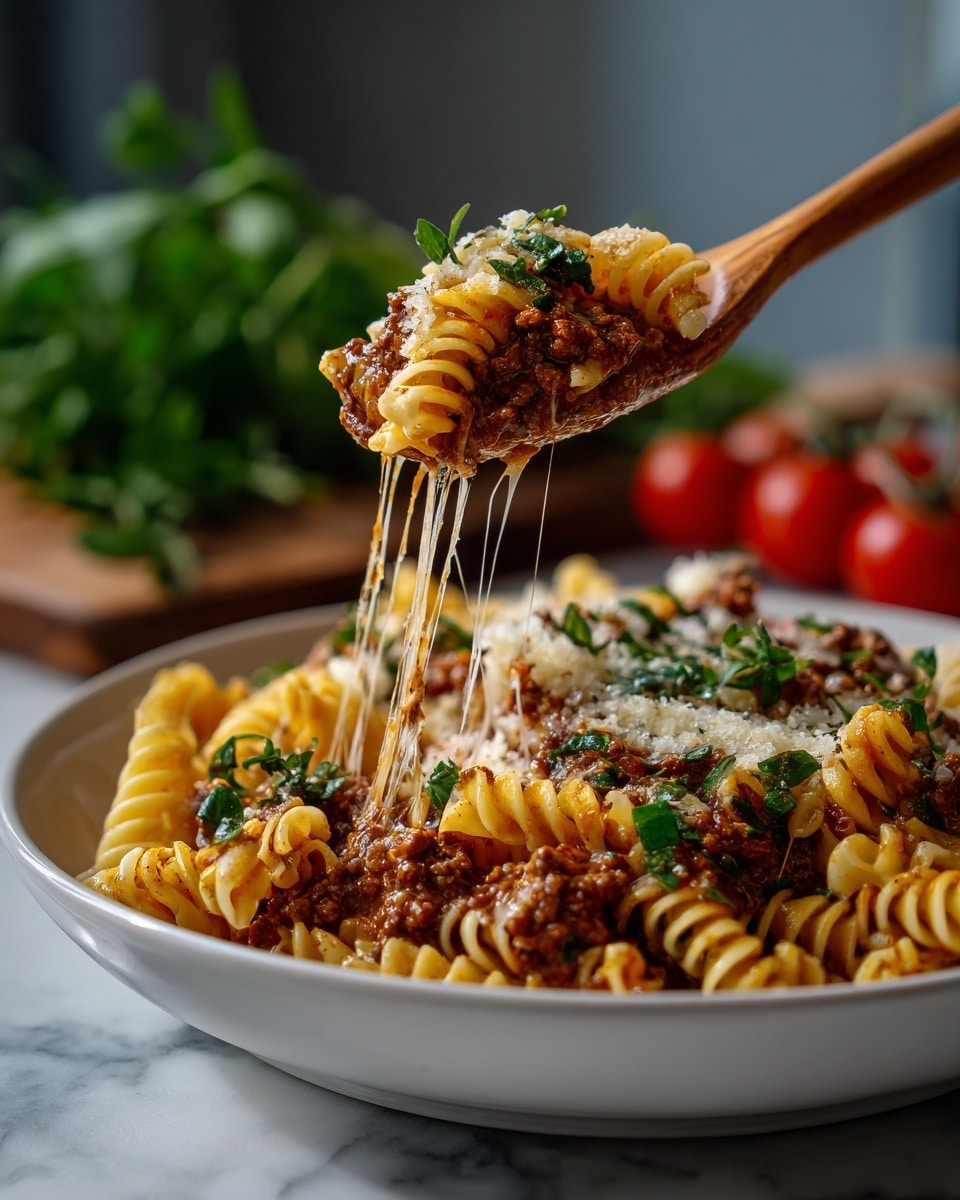 A white bowl filled with twisted rotini pasta mixed well with brown-red meat sauce, small pieces of ground meat visible throughout the pasta, sprinkled with small green herb leaves on top for color contrast. The bowl is placed on a white marbled surface, with fresh red cherry tomatoes and green leafy herbs blurred in the background. The image is bright with warm lighting, giving a fresh and appetizing look. photo taken with an iphone --ar 4:5 --v 7