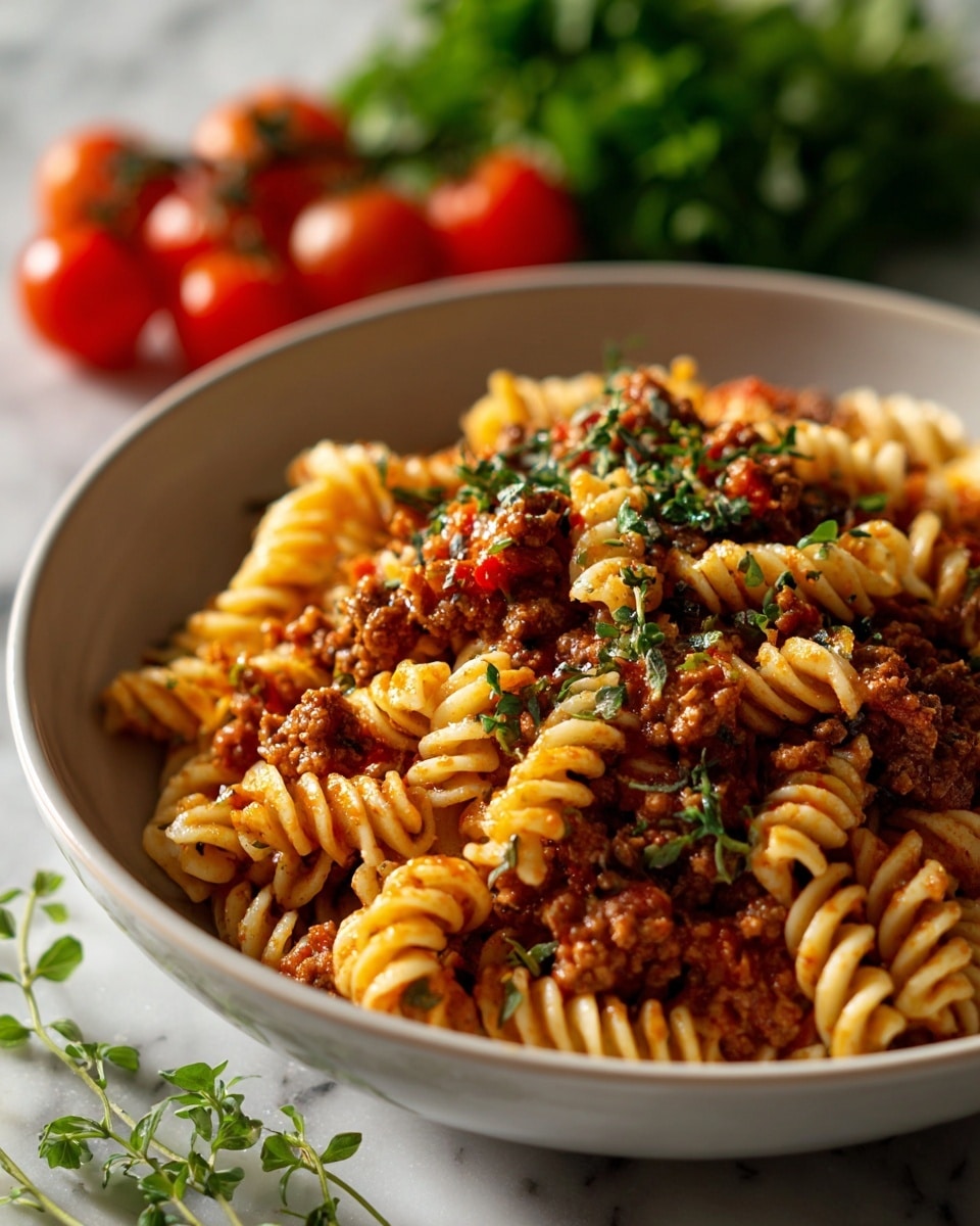 A close-up of a wooden spoon lifting a serving of rotini pasta mixed with a thick reddish-brown meat and tomato sauce from a white pot. The pasta is twisted in shape and coated with the rich sauce, with strands of melted cheese stretching from the pot to the spoon. Small green herb leaves are scattered throughout, adding touches of color. The background shows blurred tomatoes and leafy greens on a white marbled surface. Photo taken with an iphone --ar 4:5 --v 7
