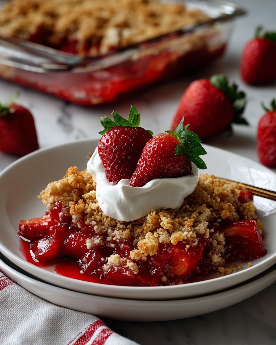 The image shows a white plate with a serving of strawberry crumble. The bottom layer is a bright red strawberry filling with a glossy texture, topped with a golden brown crumbly crust that looks crisp and uneven. On top of the crumble is a dollop of smooth, white whipped cream, garnished with two halves of fresh red strawberries with green leaves. Around the plate, whole and halved strawberries are scattered on a white marbled surface. The edges of a clear rectangular glass baking dish holding more crumble can be seen at the top left of the image, and another white plate with more serving is partially visible at the bottom right. Photo taken with an iphone --ar 4:5 --v 7