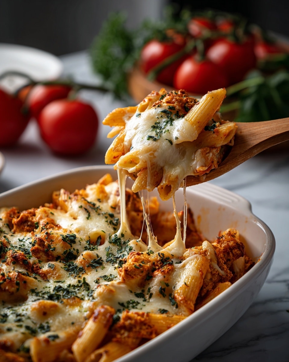 The image shows a close-up of a wooden spoon lifting a portion of baked pasta from a white bowl with a black rim, set on a white marbled surface. The dish has two main layers: a bottom layer of penne pasta mixed with reddish-orange tomato sauce and small pieces of light browned chicken, and a top layer of melted mozzarella cheese that stretches in long, thin strands as the spoon lifts the pasta. The pasta and chicken pieces are coated in sauce, giving them a shiny, moist look. In the background, blurred red cherry tomatoes and green herbs add a fresh touch. Photo taken with an iphone --ar 4:5 --v 7