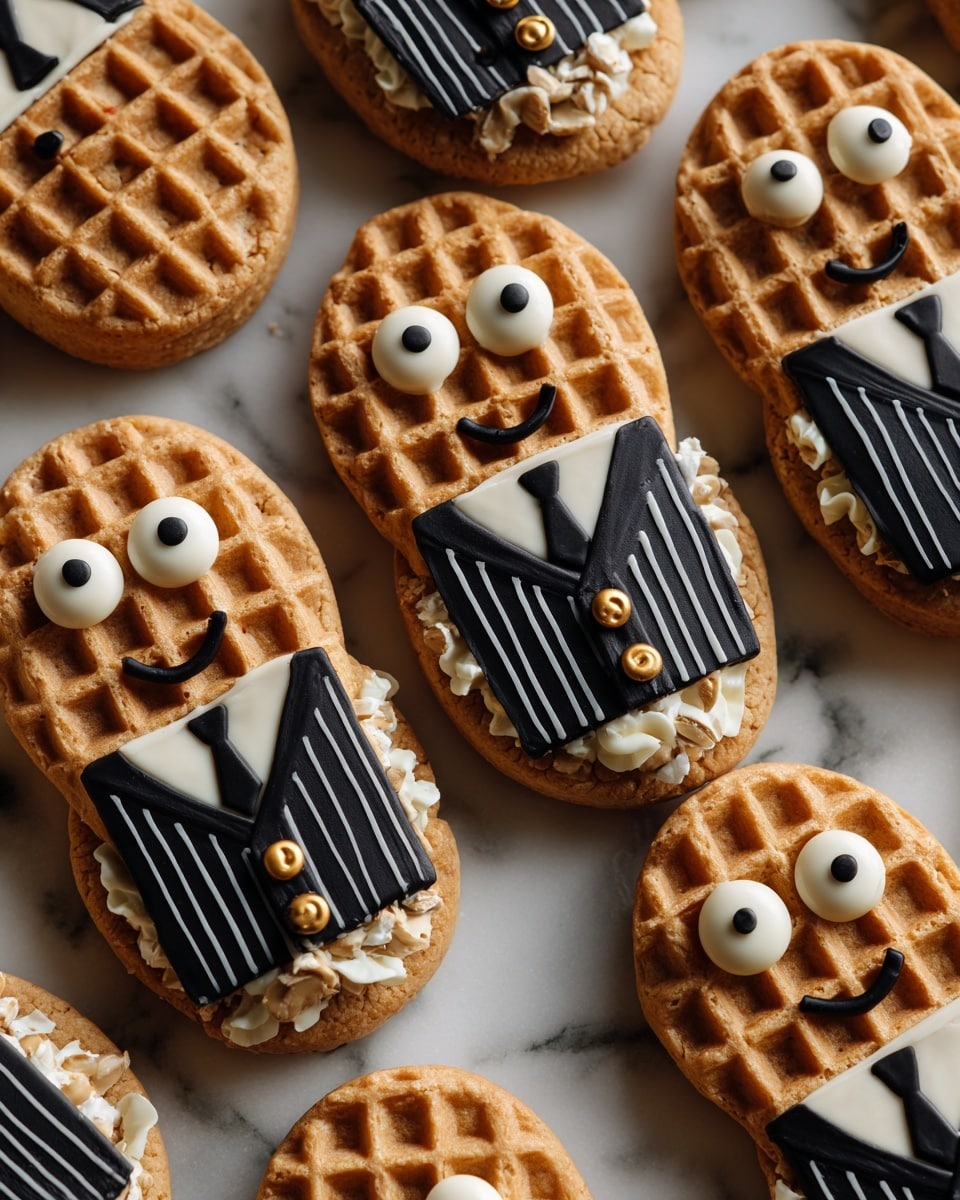 The image shows several peanut-shaped cookies decorated to look like little people wearing black and white striped outfits. Each cookie has two large white round eyes with small black dots in the center on the upper part of the cookie. Below the eyes, there is a small curved smile made with black icing. The top part of the cookie shows light brown textured peanut shape with some black icing lines resembling hair. The bottom part of the cookie is covered in smooth white icing with vertical black stripes and a small black heart shape on the left side, mimicking a striped shirt. The cookies are placed close together on a white marbled surface. photo taken with an iphone --ar 4:5 --v 7