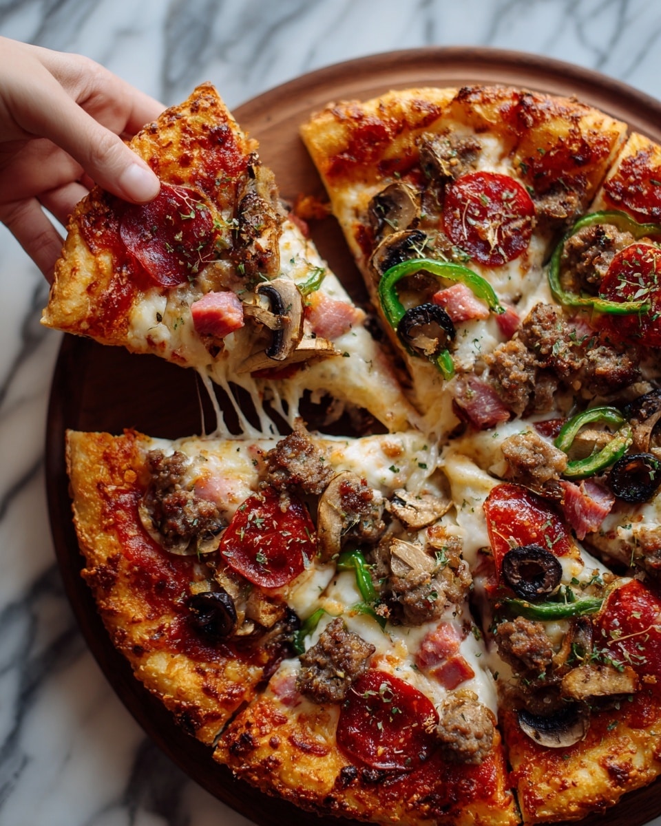 A pizza with a thick, light brown crust forms the base, topped with a layer of melted mozzarella cheese that stretches as one slice is lifted. Spread under the cheese is a red tomato sauce. Scattered on top are round pepperoni slices, sliced black olives, pieces of mushroom, small chunks of cooked ground meat, thin green bell pepper strips, and small bits of red onion, all adding varied textures and colors. The pizza rests on a circular wooden board set on a white marbled surface. Photo taken with an iphone --ar 4:5 --v 7