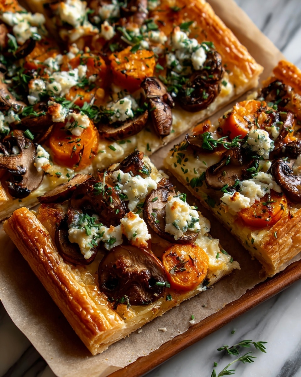 A close-up of a rectangular savory tart cut into square pieces, placed on a white marbled surface. The tart has three visible layers: a golden, flaky crust on the bottom with a slightly raised edge, a thin melted cheese layer with a light golden color covering the crust, and a topping of roasted orange sweet potato slices and dark sautéed mushrooms scattered evenly on top. Small white shredded cheese bits and green herb sprigs are sprinkled across the surface, adding texture and color contrast. Photo taken with an iphone --ar 4:5 --v 7