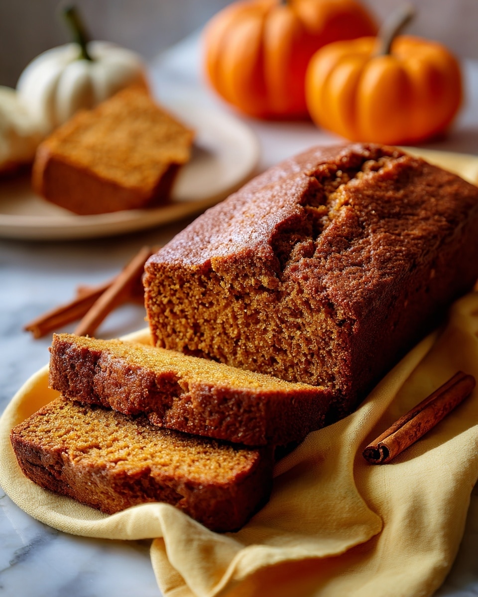 A single rectangular loaf of pumpkin bread with a cracked golden-brown top sits in a white metal loaf pan. The bread has a slightly rough texture and a warm, rich brown color with a deeper brown crack running through the center. The pan rests on a yellow cloth on a white marbled surface. Around the pan are small bright orange pumpkins and a couple of cinnamon sticks on the left side. The photo taken with an iphone --ar 4:5 --v 7
