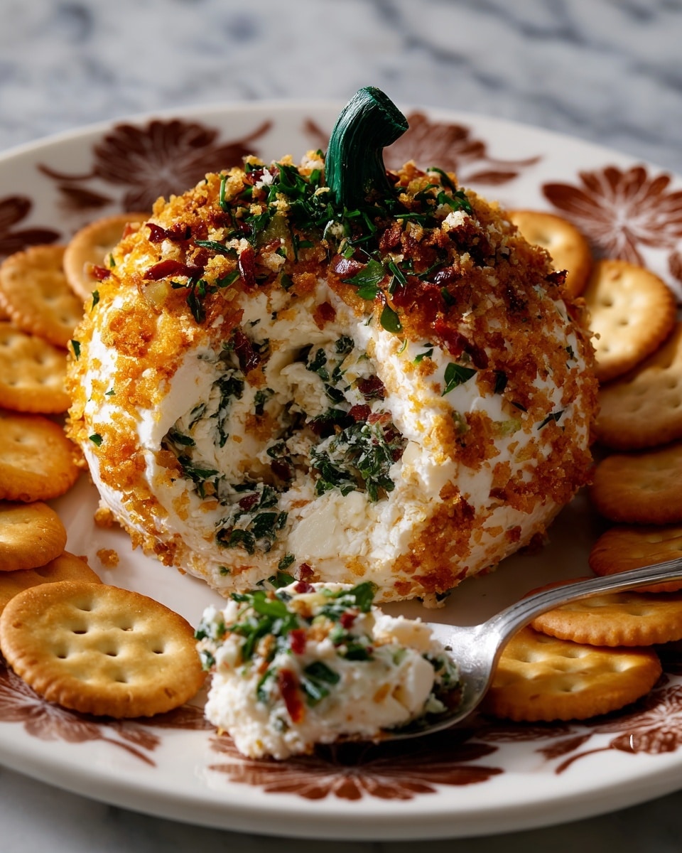 A round cheese ball shaped like a small pumpkin sits in the center of a white plate with a brown decorative border. The cheese ball has six visible segments covered in a slightly textured orange layer, mimicking pumpkin skin, and is topped with a bright green stem made of vegetable or fondant. The inside of the cheese ball is a creamy white mix with pieces of green and red vegetables. Surrounding the cheese ball are round, light brown crackers, one of which holds a scoop of the creamy cheese mixture. The plate rests on a white marbled surface. Photo taken with an iphone --ar 4:5 --v 7