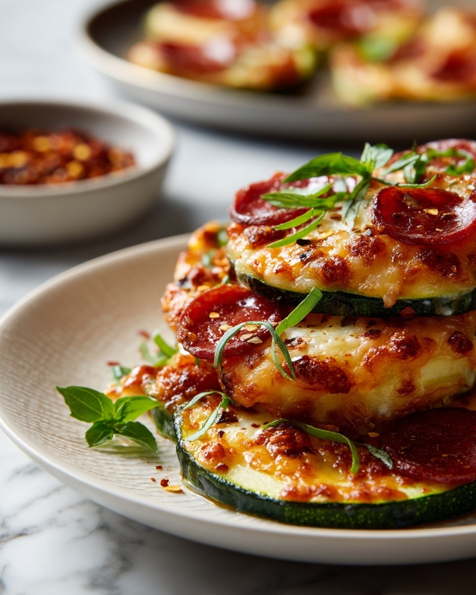 The image shows a white plate piled with mini zucchini pizzas on a white marbled surface. Each mini pizza has three distinct layers: a dark green zucchini base with visible texture and thickness, topped by a bright red tomato sauce layer spread evenly, followed by a melted light golden cheese layer with small brown spots, dotted with tiny round dark red pepperoni slices. Fresh green basil leaves are scattered on top and around the mini pizzas. In the background, there is a white bowl filled with red pepper flakes and a white tray with more mini pizzas slightly out of focus. Photo taken with an iphone --ar 4:5 --v 7