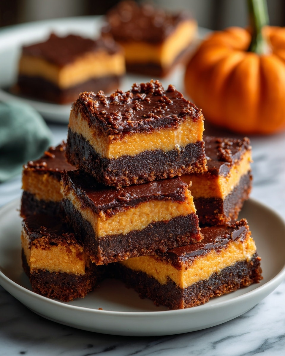 A stack of square-shaped layered dessert bars is displayed on a white plate. Each piece has two distinct layers: a thick, dense chocolate layer on the bottom with a dark, slightly moist texture, and a bright orange pumpkin layer on top that is smooth and firm. The bars are neatly piled, with one resting on top of the others, showing clear layer separation. In the background, there is a small orange pumpkin with a curved stem, and the scene is set against a soft, blurred dark brown background on a white marbled surface. photo taken with an iphone --ar 4:5 --v 7