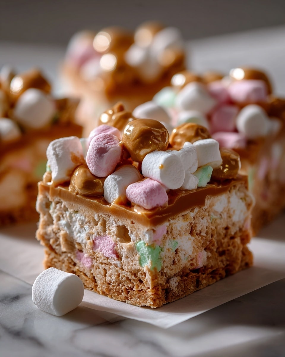 The image shows a single square piece of a dessert with two visible layers. The bottom layer is slightly thick and light brown with an uneven texture, filled with small pastel-colored marshmallow pieces in pink, green, yellow, and white scattered throughout. The top layer is made of round, smooth caramel-colored popcorn piled on top, giving a bumpy look. The dessert sits on a white paper on a white marbled surface with a soft marshmallow placed next to it. In the blurred background, more pieces of the dessert and a white glass of milk can be seen. photo taken with an iphone --ar 4:5 --v 7