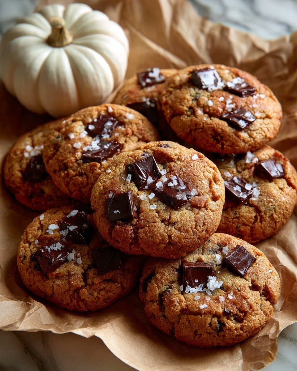 A close-up view of a group of round chocolate chip cookies with a golden-brown color, each cookie showing melted dark chocolate pieces swirled through the top layer with some small flakes of salt scattered over them. The cookies are arranged on crumpled light brown parchment paper resting on a white marbled surface, with a small white decorative pumpkin visible on the left side. The texture of the cookies looks soft with slight cracks on the surface showing a tender crumb inside. photo taken with an iphone --ar 4:5 --v 7