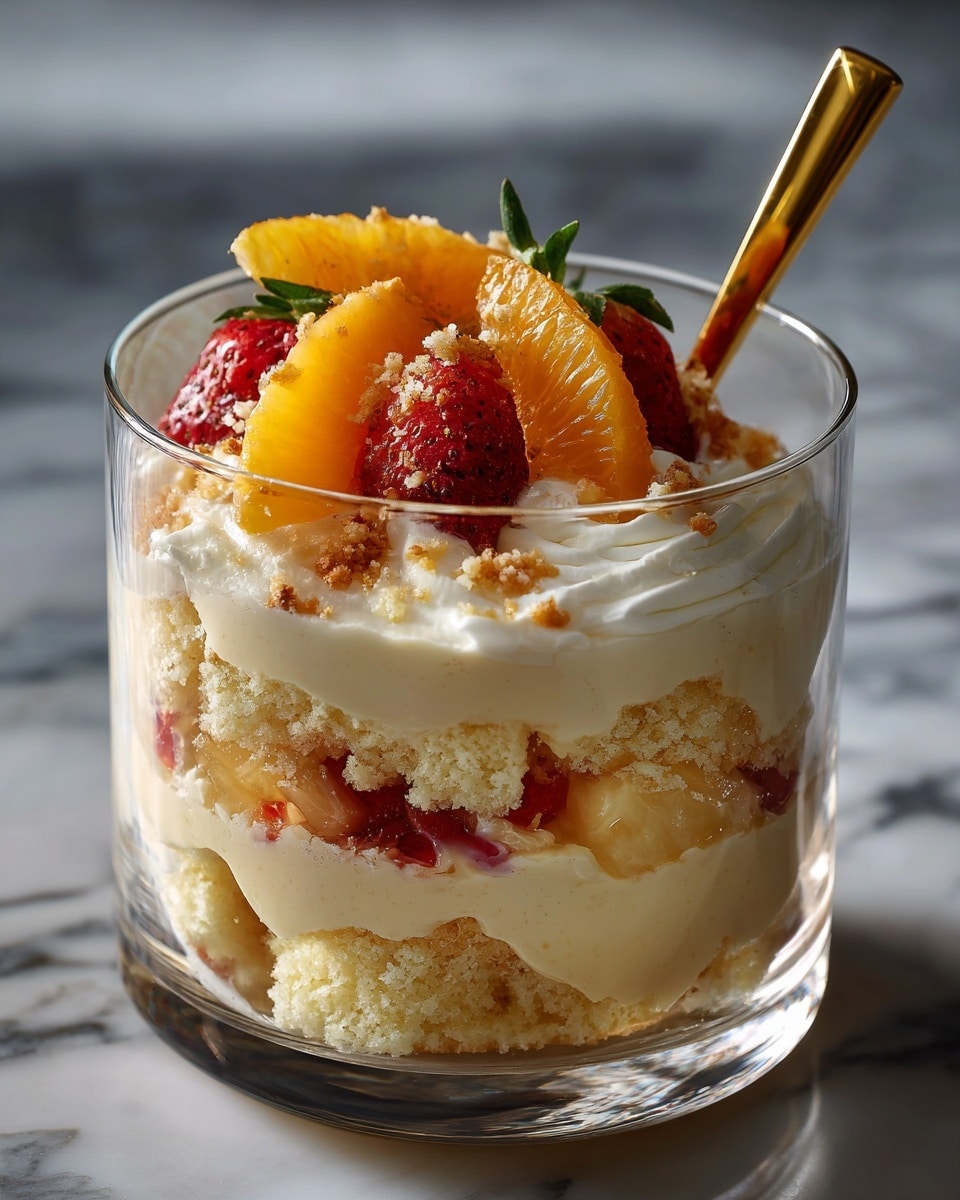 A clear glass shows a layered dessert with six visible layers: at the bottom is a thick, creamy light orange layer, followed by a thin layer of white cream, then a layer of small peach or nectarine slices. Above this is a thick, light sponge cake layer, topped with another thin white cream layer. At the top is a swirl of smooth light orange cream with a small wedge of peach or nectarine placed on it. A gold spoon is inserted into the dessert from above. The glass sits on a white marbled surface. Photo taken with an iphone --ar 4:5 --v 7