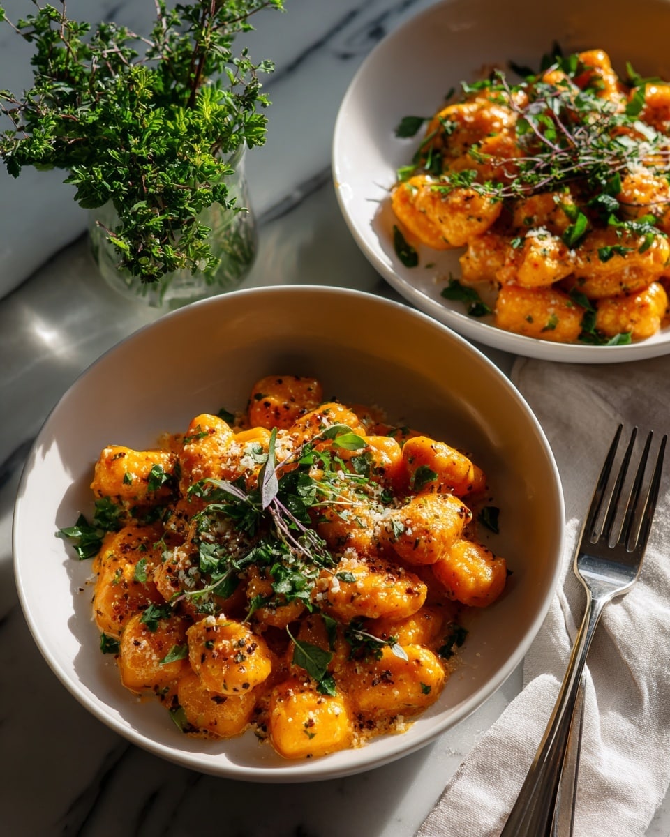 The image shows two white bowls filled with bright orange gnocchi, each piece having a ridged texture and a soft, shiny surface. The gnocchi are topped with small pieces of green herbs scattered mostly in the center. The bowls sit on a white marbled surface, with a small bunch of fresh green herbs placed nearby on the left side, and a silver fork with a patterned handle placed to the right of the bowls. The lighting is soft, highlighting the smooth texture of the gnocchi and fresh look of the herbs. photo taken with an iphone --ar 4:5 --v 7