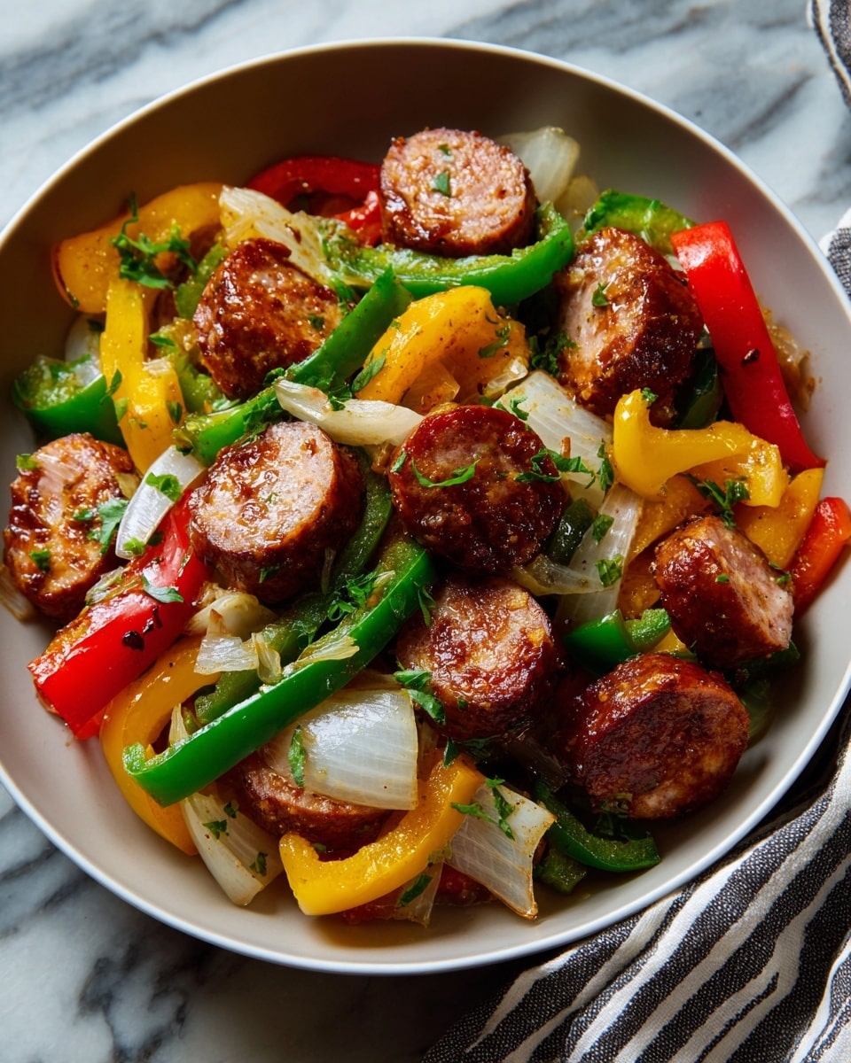 The image shows a white bowl filled with a colorful mix of cooked sausage slices and bell peppers on a white marbled surface. The dish has several layers: thick, browned sausage rounds are scattered throughout, with vibrant pieces of red, yellow, and green bell peppers, along with translucent white onion slices spread evenly among them. The bell peppers and onions have a slightly soft texture and a glossy look, indicating they are cooked. The mix looks seasoned with small green herbs sprinkled over the top. photo taken with an iphone --ar 4:5 --v 7