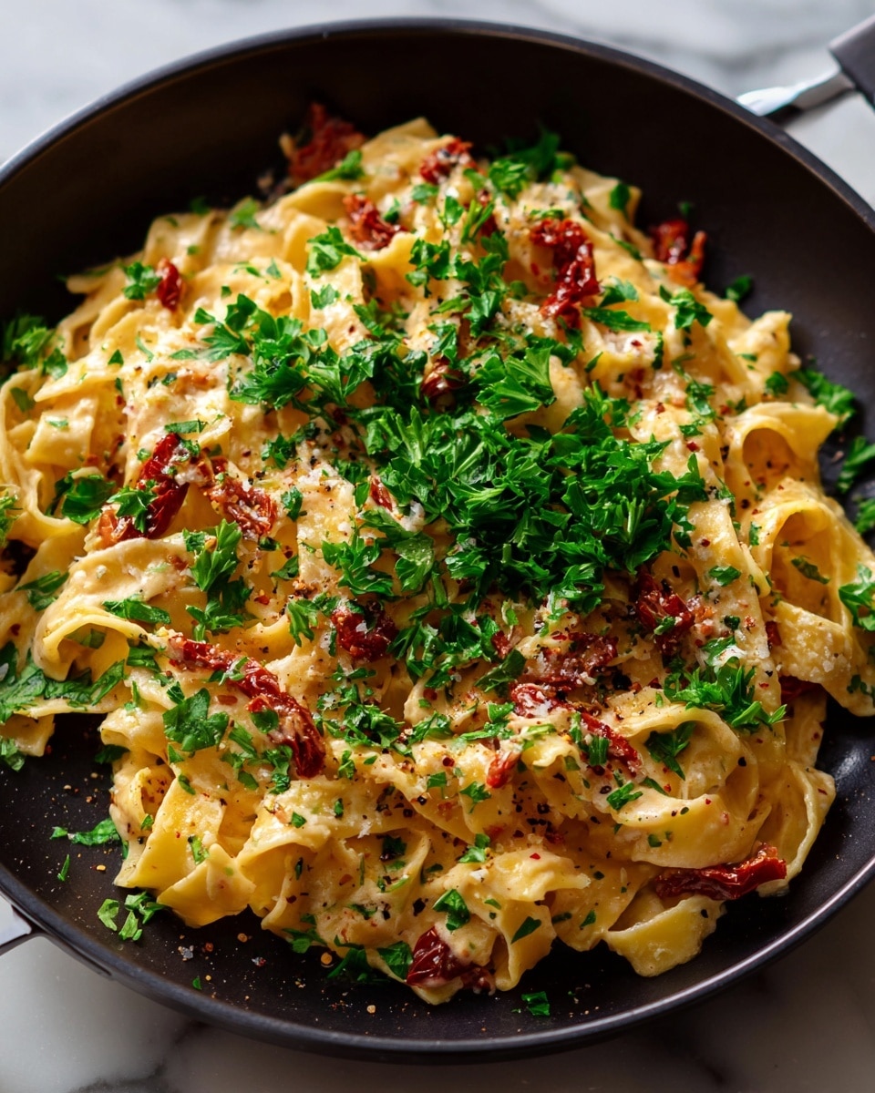 A black pan filled with creamy orange pasta, mixed with wide noodles that twist and overlap, covered in sauce with bits of red sun-dried tomatoes scattered throughout. Bright green chopped parsley is sprinkled generously on top, with some leaves sitting whole. The sauce looks smooth and thick, coating every noodle, while small black pepper flakes add texture. The pan sits on a white marbled surface. photo taken with an iphone --ar 4:5 --v 7
