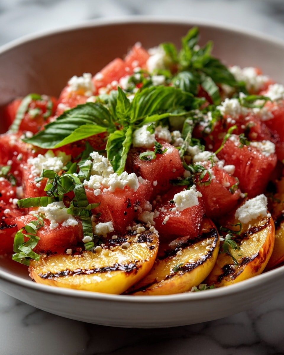 A white bowl filled with bright red watermelon cubes and golden grilled peach slices with visible grill marks arranged evenly. Small white crumbles of cheese are scattered on top, along with fresh green basil leaves placed both inside and around the bowl. The background is a white marbled surface with a few green basil stems visible, adding a fresh look. The colors are vibrant and the textures are varied, from soft watermelon to slightly charred peaches and crumbly cheese. photo taken with an iphone --ar 4:5 --v 7