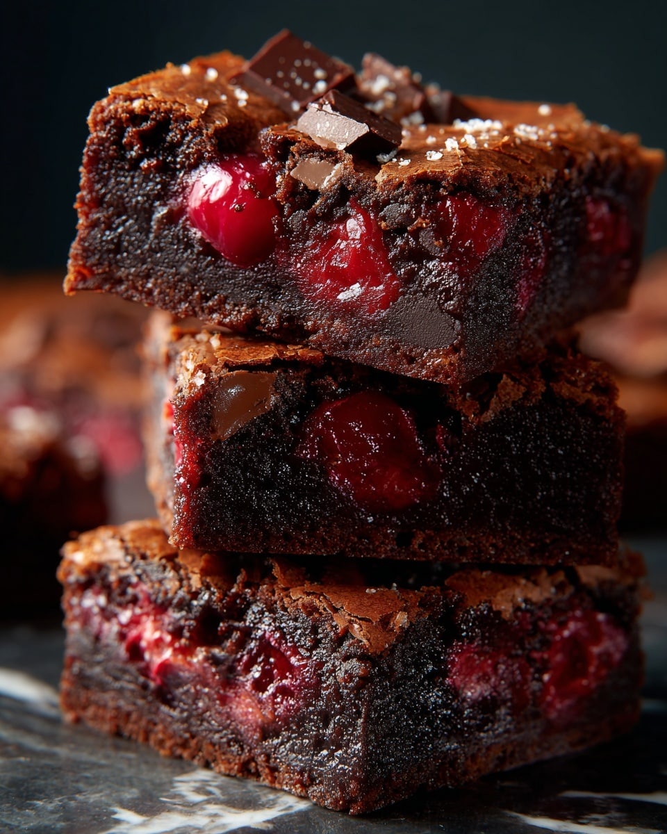 A close-up view of three stacked chocolate brownies with a thick, dense texture showing dark brown color mixed with rich pink-red chunks of berries inside. Each brownie has a slightly cracked, thin crust on top, revealing the moist and fudgy inside. The brownies are placed directly on a white marbled surface with a blurred dark background. Photo taken with an iphone --ar 4:5 --v 7