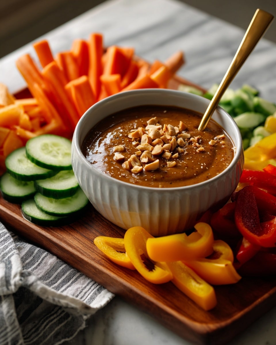 A white bowl filled with smooth brown peanut sauce garnished with small peanut pieces and red chili flakes, a golden spoon resting inside the bowl; around the bowl on a wooden board, there are bright orange carrot sticks stacked on the left, thin yellow bell pepper strips on the top right, red bell pepper strips on the bottom right, and fresh green cucumber slices fanned out at the bottom. The background is a white marbled surface with a black and white striped cloth partially visible in the bottom left corner. photo taken with an iphone --ar 4:5 --v 7