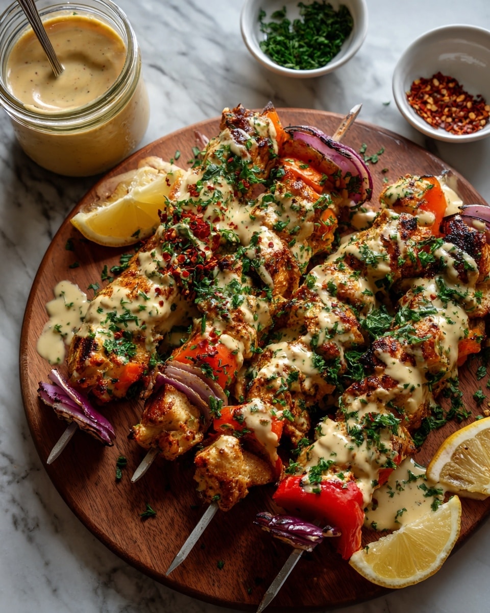 Three metal skewers hold pieces of white grilled chicken, bright red and yellow bell pepper chunks, and purple onion layers, all arranged in alternating colors and textures, topped with green cilantro bits and drizzled with a creamy white sauce. The skewers lie on a round wooden board decorated with scattered red pepper flakes and fresh herbs. Around the skewers, there are semi-circular lemon slices with light yellow flesh. A small glass jar filled with creamy sauce and a silver spoon stand on the board. On the white marbled surface nearby, there are two small white bowls, one with fresh cilantro leaves and the other with red chili flakes. A gray and white striped cloth napkin peeks in from the bottom right corner. Photo taken with an iphone --ar 4:5 --v 7