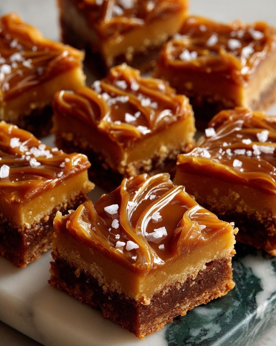 The image shows eleven square brownies placed evenly on a white marbled surface. Each brownie has two layers: a darker brown base layer with a dense texture and a lighter, golden-brown top layer that is cracked and slightly crispy. Swirls of caramel in a shiny honey-brown color are spread unevenly across the top of the brownies. Some pieces have a light sprinkling of flaky white salt on the caramel swirls, adding texture and contrast. Photo taken with an iphone --ar 4:5 --v 7