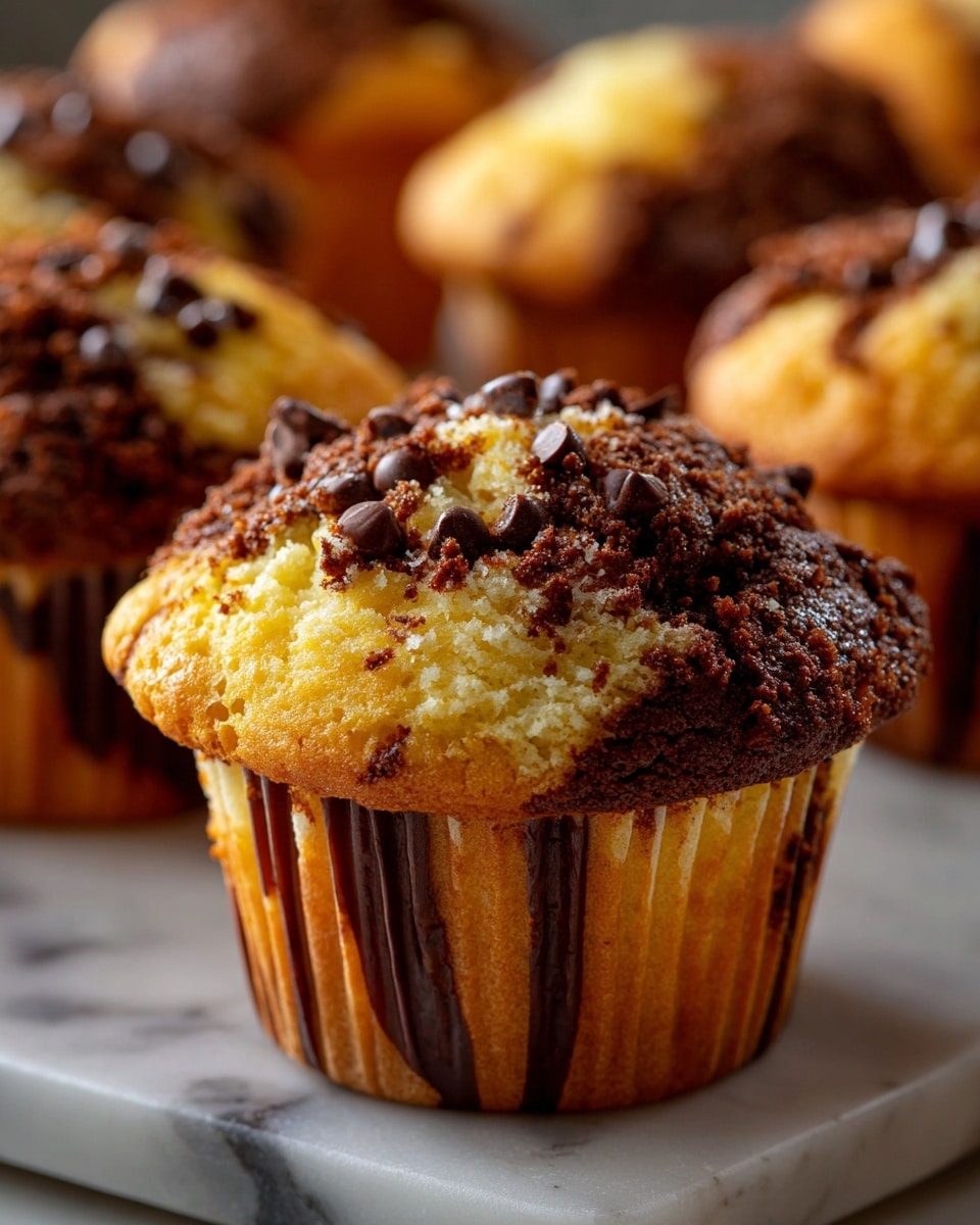 A close-up view of a muffin with a marbled pattern showing two main layers: a light yellow cake layer and a dark brown chocolate layer swirled together inside the muffin, topped with small chunks of dark chocolate scattered on the surface; the muffin is held by a white paper cup liner, and behind it, there are several other similar muffins on a white marbled surface with a blurred background. photo taken with an iphone --ar 4:5 --v 7
