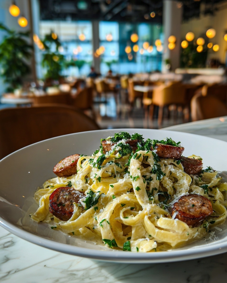 A white plate filled with creamy pasta made of flat noodles, coated in a thick, light beige sauce. On top and mixed into the pasta are browned, round sausage pieces with a slightly crispy outside and tender inside. The pasta is sprinkled with finely chopped fresh green herbs and shredded white cheese, adding some color and texture contrast. The dish sits on a white marbled surface with a cozy, sunlit living room visible in the blurred background. photo taken with an iphone --ar 4:5 --v 7
