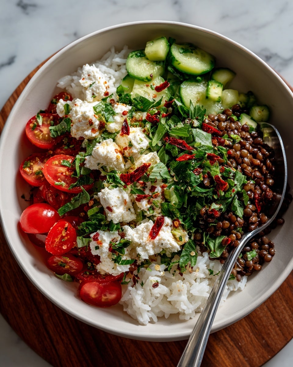 A white bowl filled with layers starting from a base of white rice, topped with chopped green cucumbers on the left side, halved bright red cherry tomatoes on the upper side, then black lentils covering a large portion on the right side. Crumbled white cheese is scattered over the black lentils and tomatoes, with chopped green herbs sprinkled all over, along with tiny red flakes adding texture. A silver spoon is partially visible on the right side of the bowl. The bowl is placed on a wooden board with bowls of chopped green herbs in the background on a white marbled surface. Photo taken with an iphone --ar 4:5 --v 7