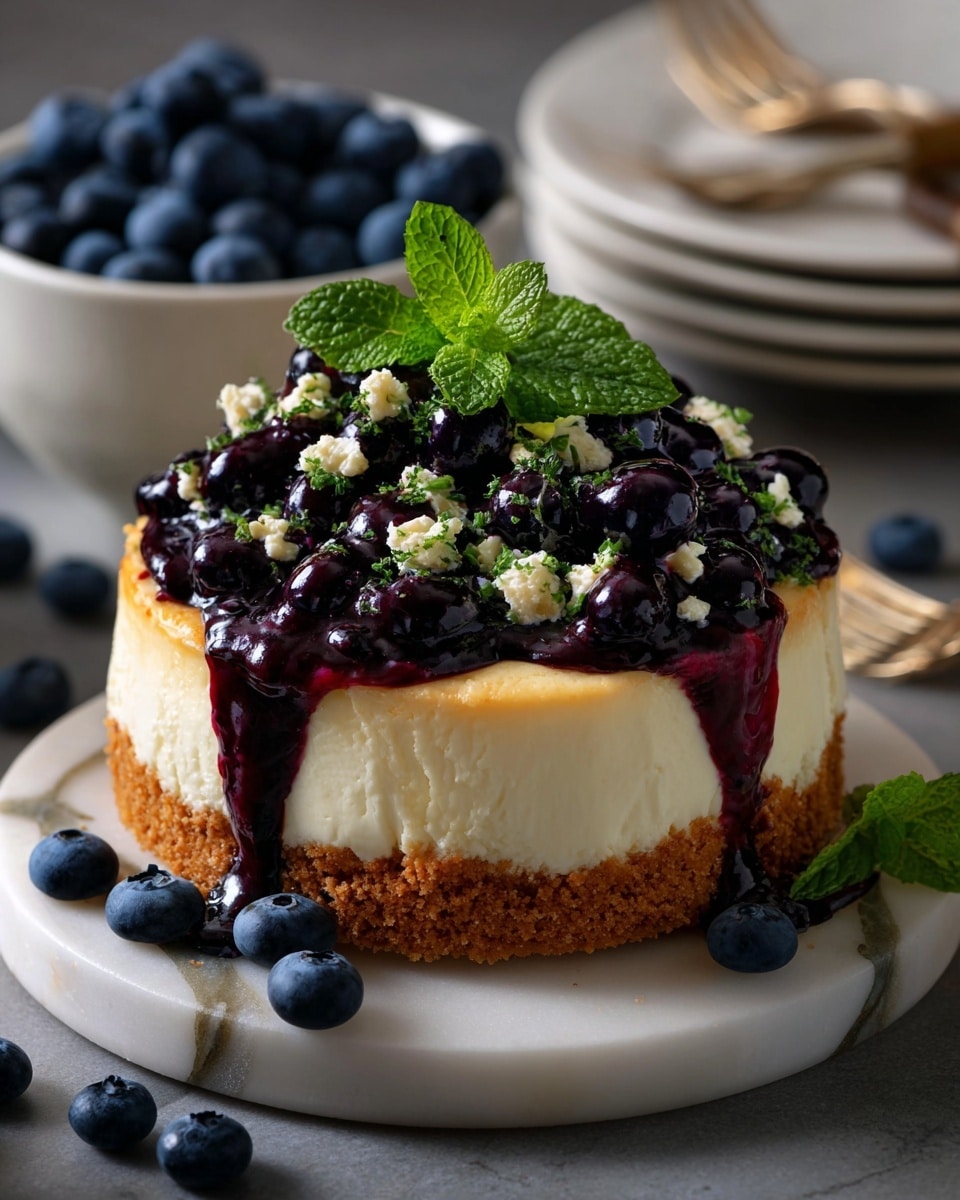 A round cheesecake with three visible layers sits on a white marbled surface: a thick, crumbly brown base layer, a large smooth creamy white middle layer, and a glossy dark purple blueberry topping that is packed with whole blueberries and sauce dripping down the sides. A small green mint leaf is placed on top as decoration. A slice is removed, showing the soft inside texture clearly. Whole blueberries and blueberry sauce are scattered around the cake. In the soft background, there is a white plate full of blueberries and some gray plates with a piece of cake. photo taken with an iphone --ar 4:5 --v 7