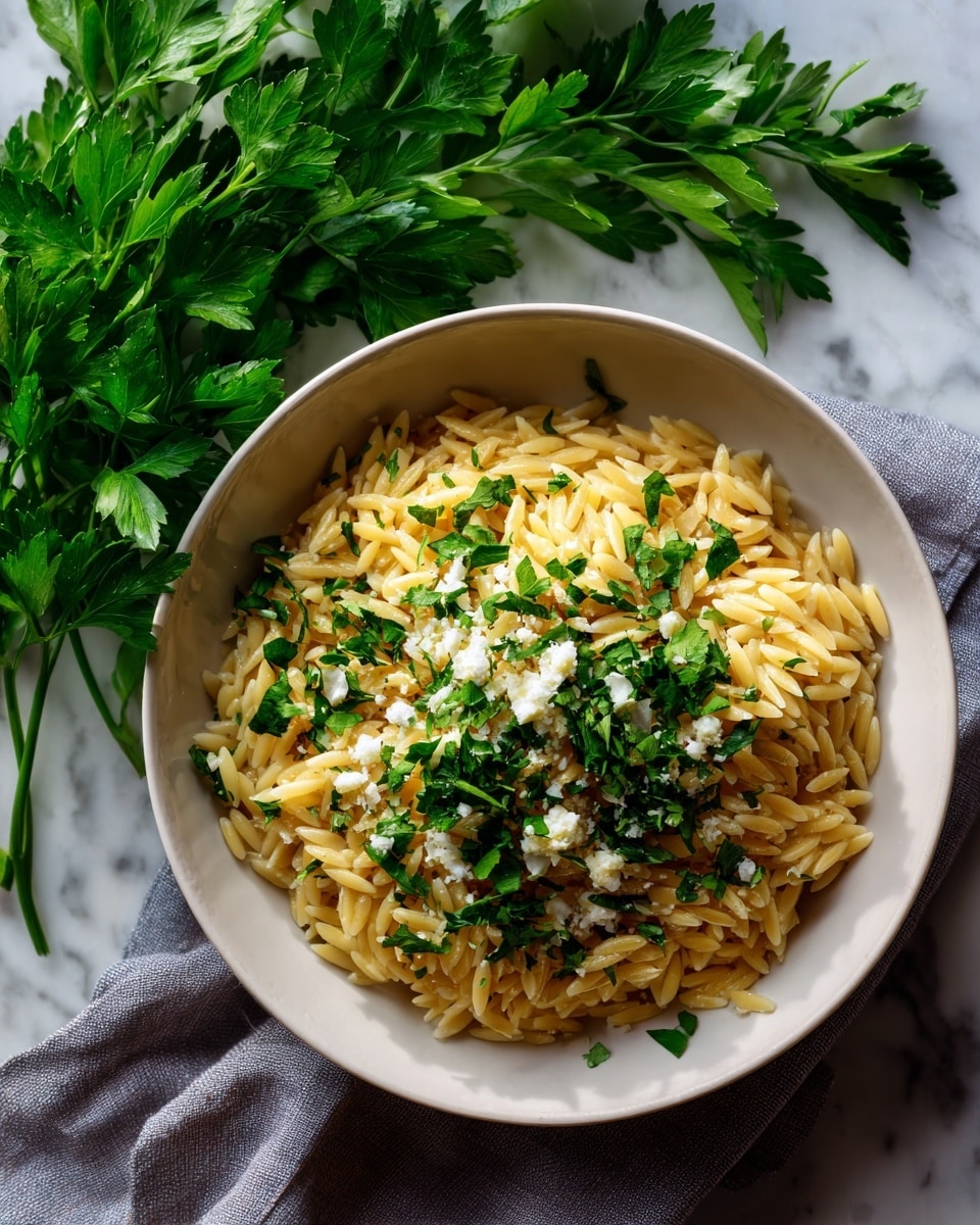A round white plate holds a single layer of small golden-yellow orzo pasta, evenly spread across the center. On top, finely chopped green parsley is scattered, adding a fresh pop of color. There are small shreds of pale grated cheese sprinkled lightly over the pasta, creating a thin, textured layer. The plate sits on a soft grey cloth with a black dotted pattern, placed over a white marbled surface. In the top left corner, bright green parsley leaves hang slightly into the frame. The photo taken with an iphone --ar 4:5 --v 7