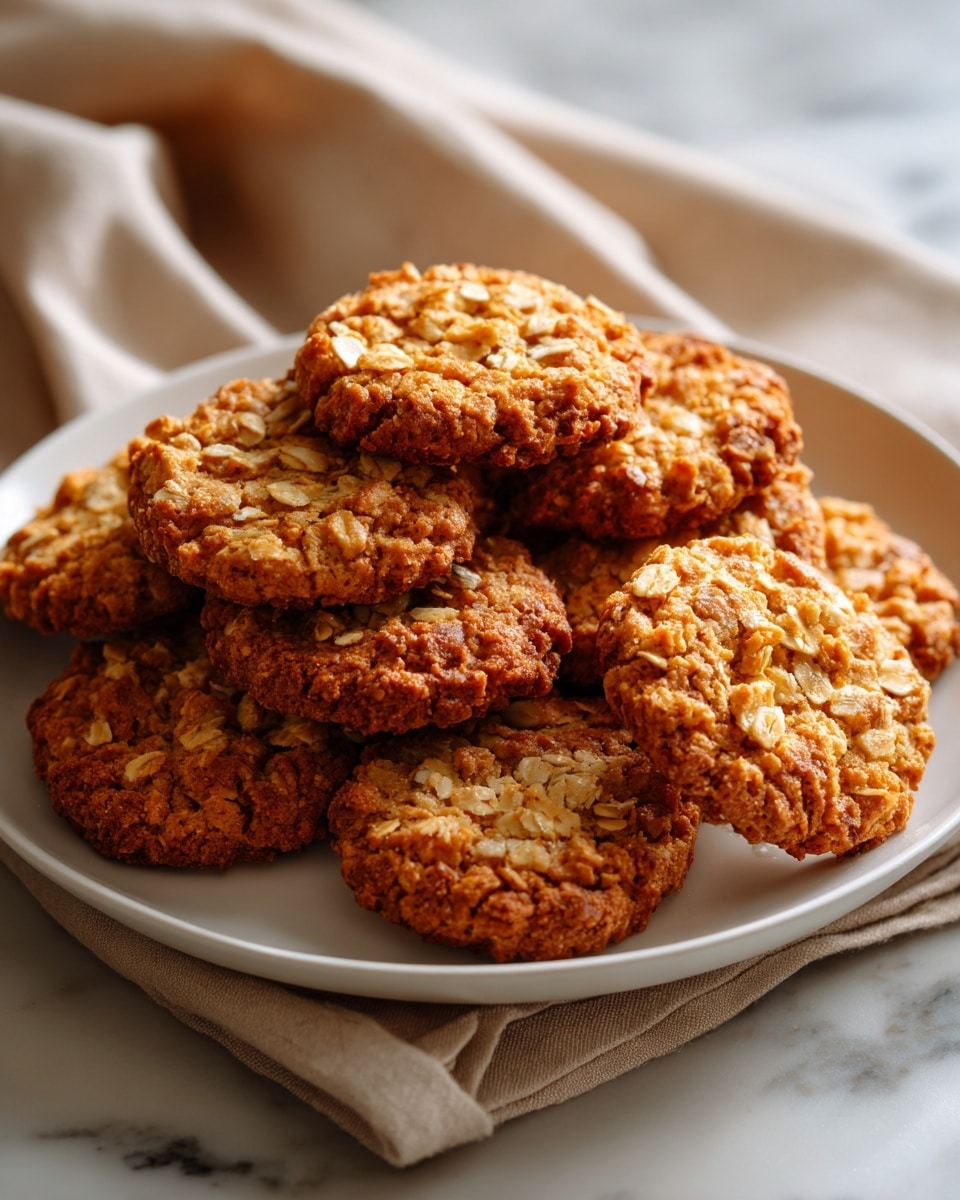 A white plate holds a pile of around twelve oatmeal cookies arranged in a loose stack, each cookie showing a rough, bumpy surface with visible oats and a golden-brown baked color, some edges slightly darker. The plate sits on a light gray cloth napkin, all placed on a white marbled surface. The lighting is soft, highlighting the crunchy texture of the cookies and warm tones. photo taken with an iphone --ar 4:5 --v 7