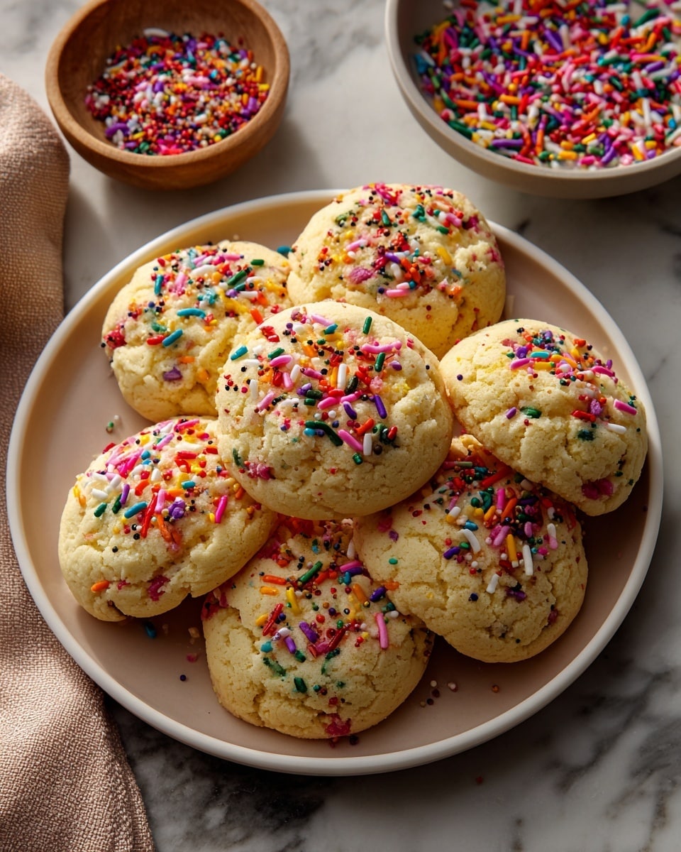 A white round plate holds a stack of nine soft sugar cookies. Each cookie is thick and pale golden with a slightly cracked texture and is topped with bright and colorful sprinkles in three main types: short cylindrical pieces in red, yellow, blue, green, orange, pink, white, and purple; small round red sprinkles; and tiny purple ball-shaped sprinkles. The cookies are randomly overlapped, showing their round, slightly puffy shape. The plate sits on a white marbled surface next to a beige linen cloth and a small bowl filled with more colorful sprinkles visible in the upper right corner. photo taken with an iphone --ar 4:5 --v 7
