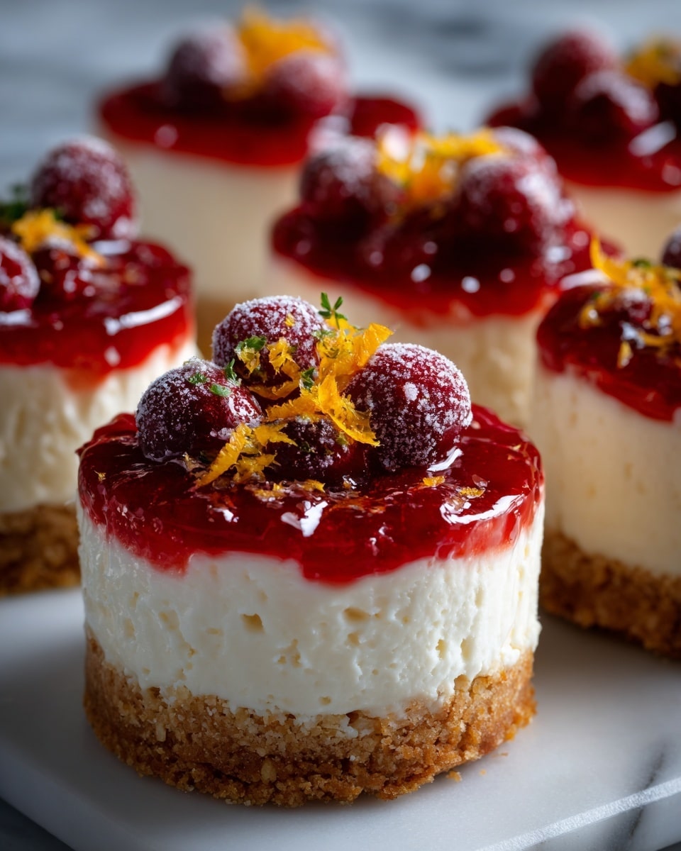 The image shows a close-up of small round cheesecakes with three distinct layers. The bottom layer is a crumbly golden-brown crust with a rough texture. The middle layer is a thick, smooth, creamy white cheesecake. The top layer is a bright red, shiny fruit topping that looks like a berry sauce. On each cheesecake, there are red berries coated lightly with sugar, arranged in a small pile. Orange zest is sprinkled on top of the berries for decoration. The cheesecakes are placed on a white marbled surface with soft lighting shining on them, bringing out the rich colors. photo taken with an iphone --ar 4:5 --v 7