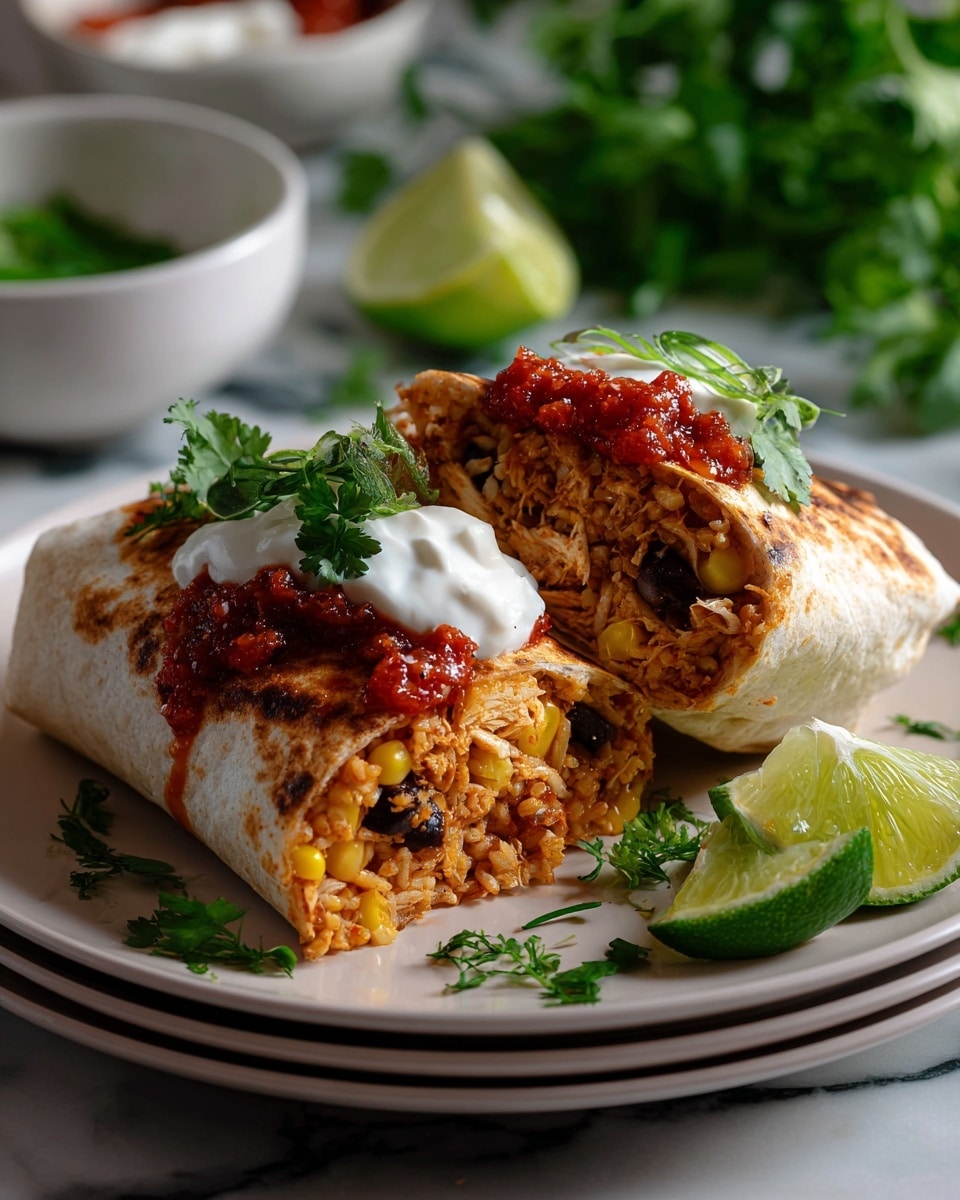 A white plate holds a burrito cut in half, showing three main layers inside: shredded chicken mixed with beans and yellow corn, a thick red salsa layer on top, and a dollop of white sour cream beside the salsa. The tortilla is lightly toasted with a golden brown outer layer. Fresh green cilantro leaves lay around the burrito on the plate. The plate sits on a white marbled surface, with lime wedges visible in the foreground and a blurred background of green herbs and small white bowls with salsa. Photo taken with an iphone --ar 4:5 --v 7