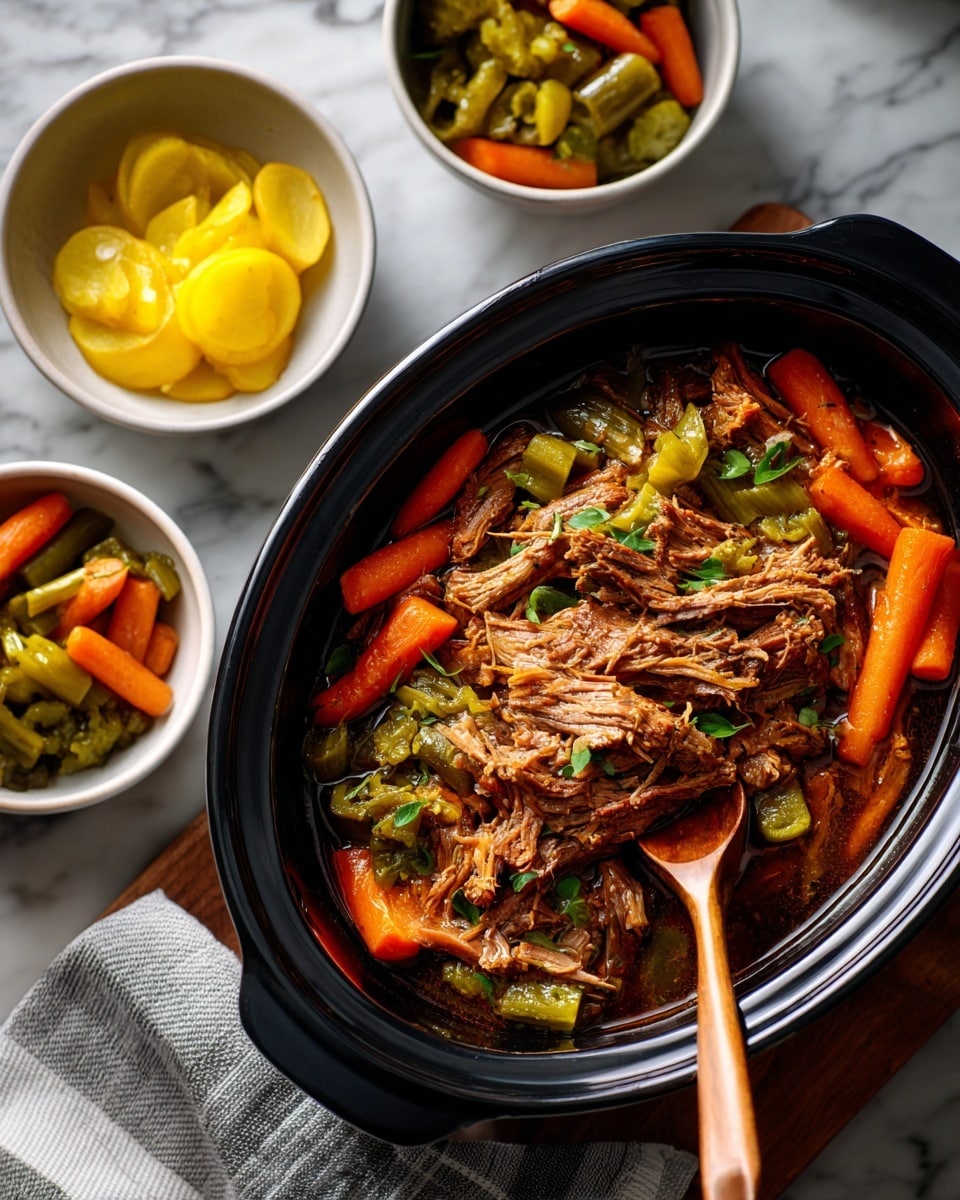 The image shows a black slow cooker filled with shredded brown meat on the bottom layer, topped with a mix of green sliced peppers and orange crinkle-cut carrot slices scattered across the surface, all sitting in a dark broth. A silver spoon and a fork with wooden handles rest inside the slow cooker, partially submerged among the ingredients. Next to the slow cooker, there are two small white bowls; one holds yellow sliced peppers while the other has more mixed green peppers. The whole setup is placed on a white marbled surface with a grey striped cloth partially visible on one side. Photo taken with an iphone --ar 4:5 --v 7