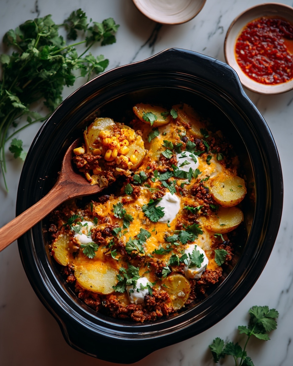 In a black slow cooker, there is a layered dish with thin slices of light brown potatoes forming the bottom layer, topped with a thick mix of brown ground meat, dark red kidney beans, and yellow corn. Melted bright orange cheddar cheese covers the top unevenly, with dollops of white sour cream placed on top in three spots. Fresh green cilantro leaves are scattered across the dish, adding a pop of color. A wooden spoon is scooping some of the mixture from one side. Around the slow cooker, there are small white bowls with green cilantro leaves and orange sauce, all set on a white marbled surface. photo taken with an iphone --ar 4:5 --v 7