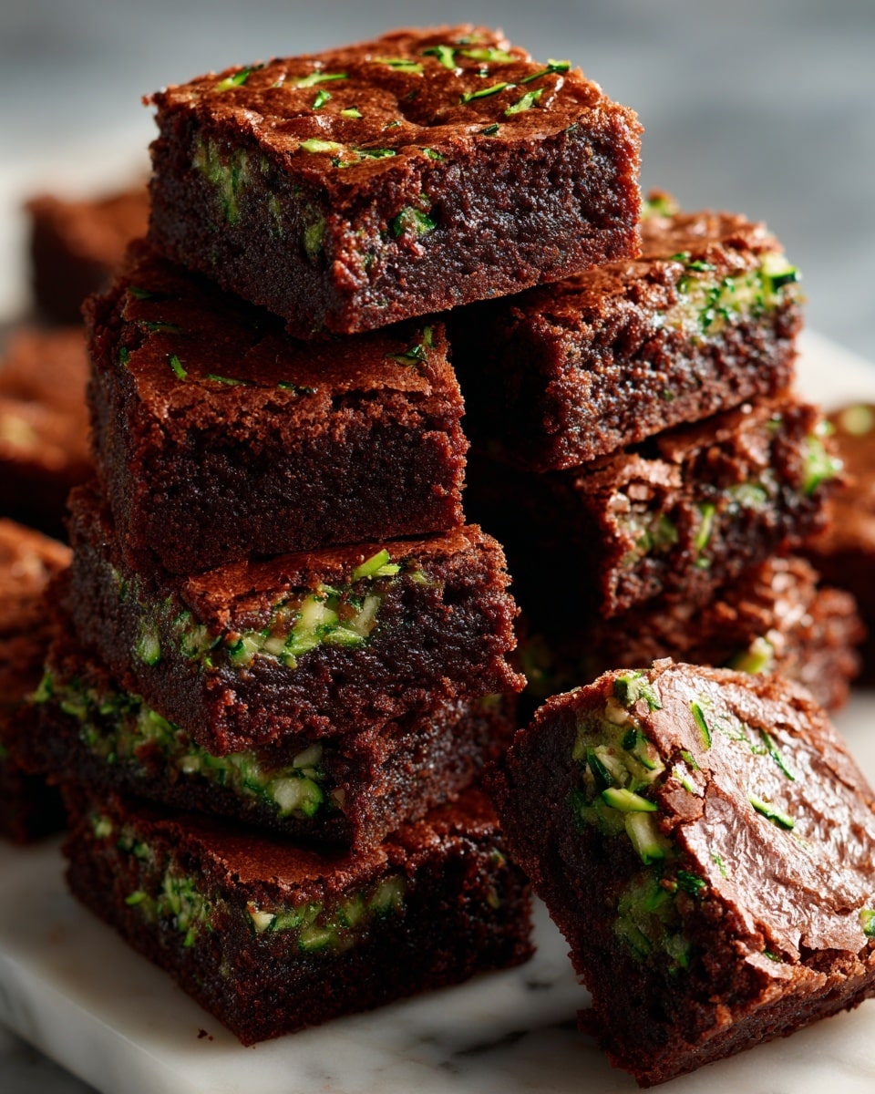 There are eight square pieces of dark brown brownies stacked in two layers on a white marbled surface. Each brownie piece has a rough, slightly cracked top with green and yellow bits mixed throughout, giving a textured look. The brownies show a dense, moist inside with the vegetable bits spread evenly in all pieces. The lighting highlights the shine and texture of the brownies. photo taken with an iphone --ar 4:5 --v 7