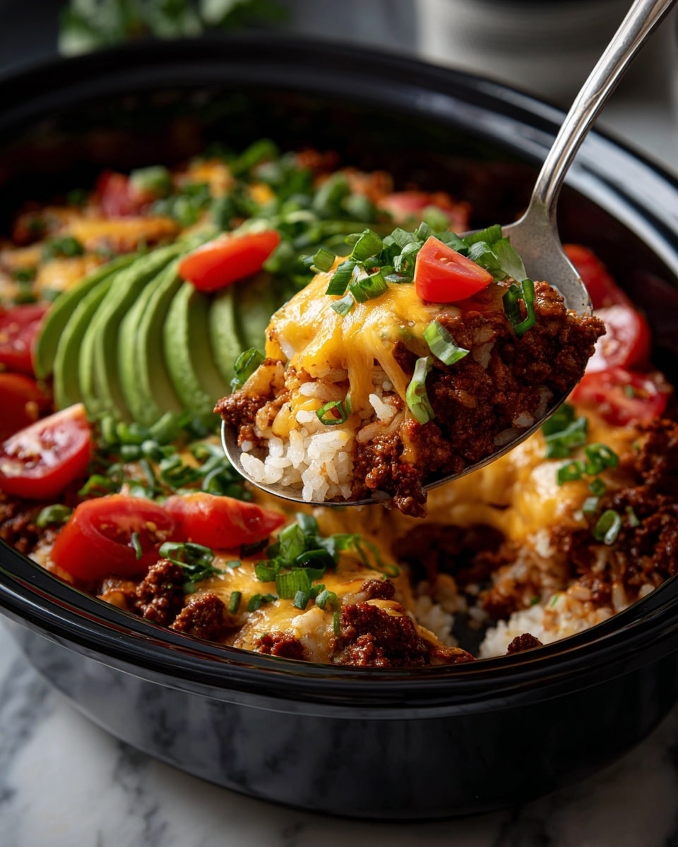 A close-up of a spoon holding a layered scoop of a casserole from a black slow cooker. The casserole has a base of browned ground meat mixed with beans, topped with melted golden and white cheese. On top, there are small pieces of red diced tomato and thinly sliced green onion. In the slow cooker, the casserole is mixed with more diced tomatoes, fresh green avocado slices, and some leafy herbs, all set against a white marbled surface. Photo taken with an iphone --ar 4:5 --v 7