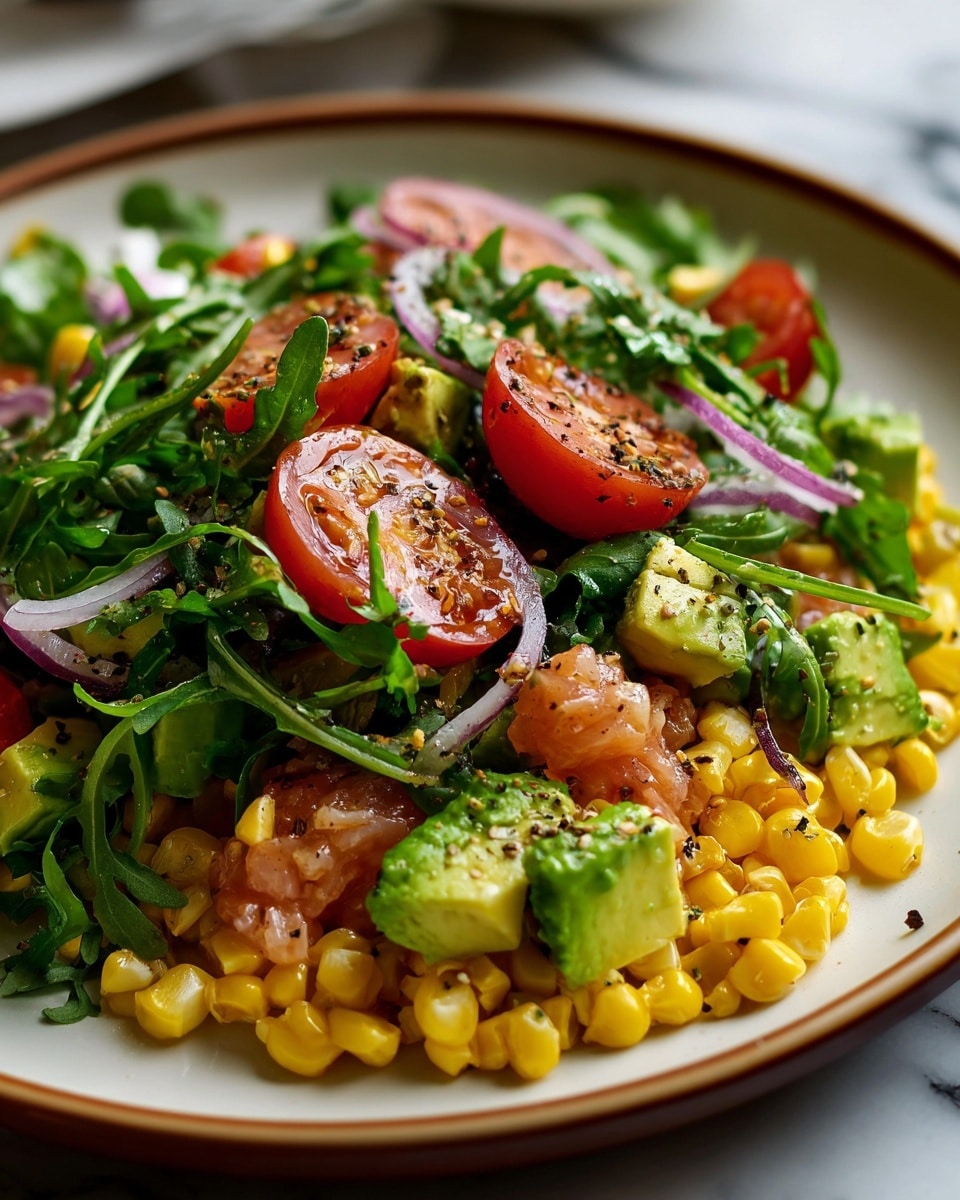 A white plate holds a vibrant salad arranged in a mound with four noticeable layers. The bottom layer is made of bright yellow corn kernels scattered across the plate. The second layer includes chunks of creamy green avocado mixed with pieces of light purple onion. On top of this, several halved cherry tomatoes add a red burst with some showing a slight grilled texture. The salad is finished with fresh green leafy arugula scattered on top, providing a lively contrast. The dish is sprinkled lightly with black pepper and has a fresh, glossy look. The plate rests on a white marbled surface. photo taken with an iphone --ar 4:5 --v 7