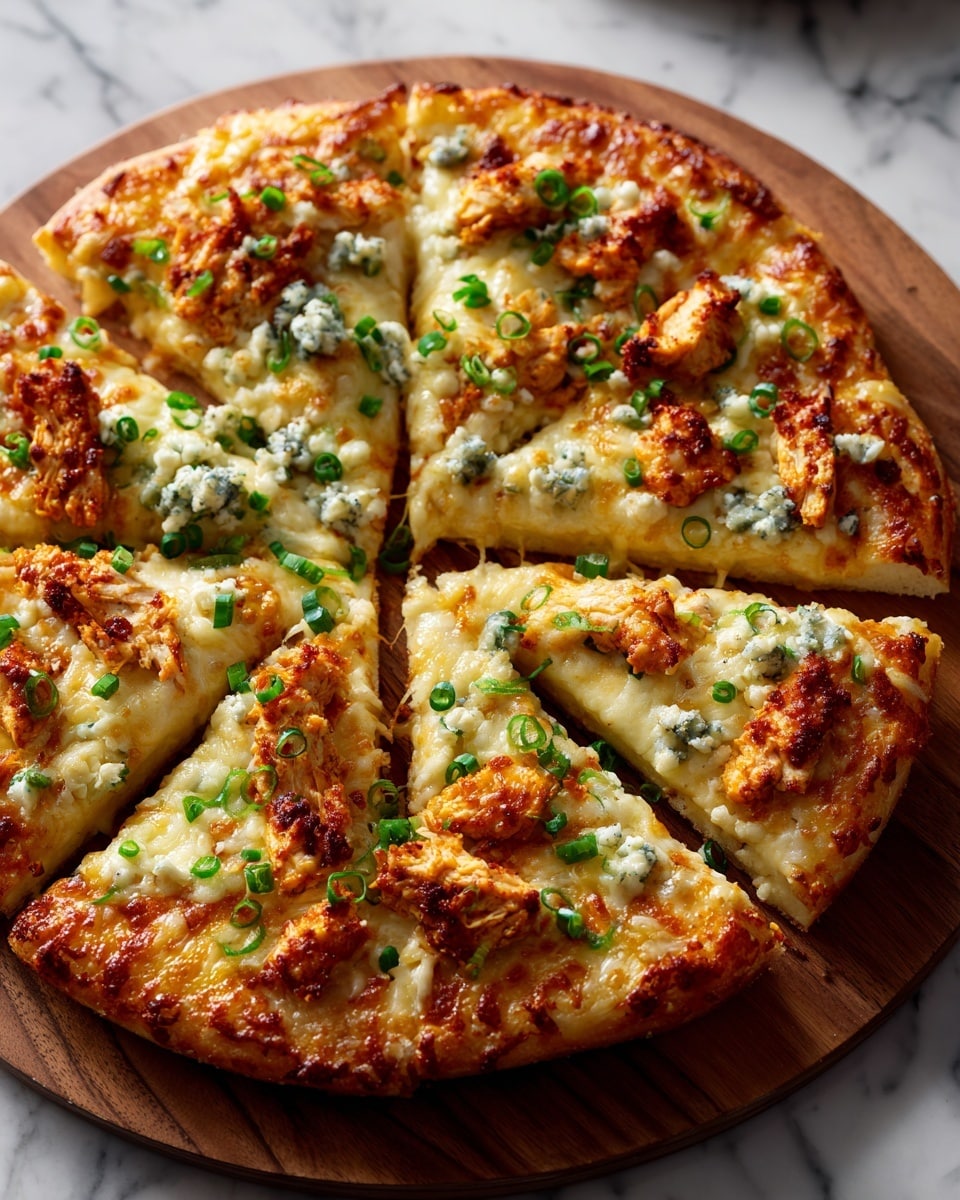 A round pizza sliced into eight pieces sitting on a wooden board on a white marbled surface. The pizza has one visible layer of golden-brown crust topped with orange buffalo sauce-covered shredded chicken pieces spread evenly. Over this layer, there is melted, bubbly light yellow cheese covering the entire pizza surface. Scattered on top are crumbles of white and light blue cheese along with small bits of bright green chopped scallions sprinkled all over. The pizza looks hot and fresh with slightly crisp edges. Photo taken with an iphone --ar 4:5 --v 7
