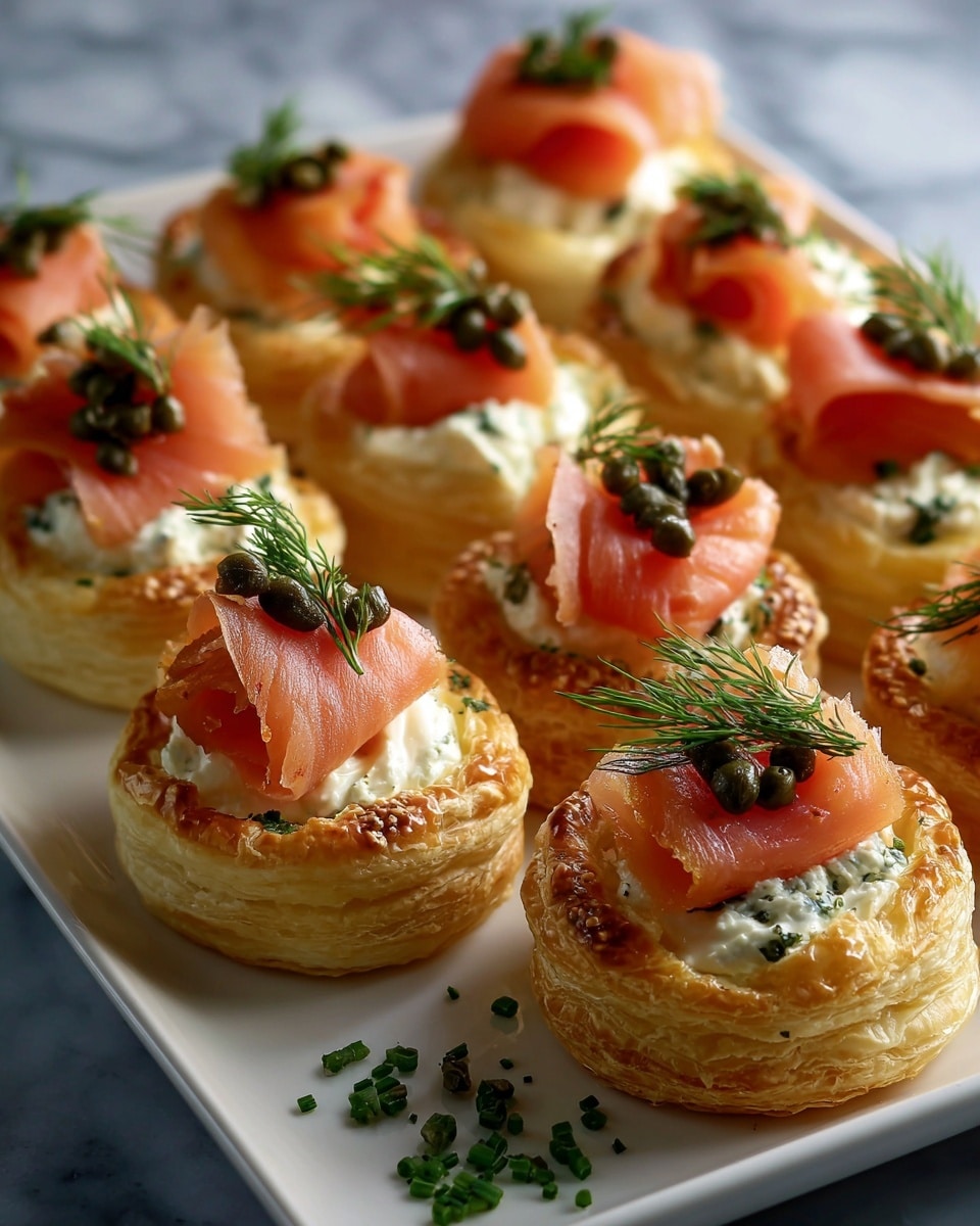 The image shows six round, golden puff pastry shells arranged on a white rectangular plate with a white marbled surface underneath. Each puff pastry shell has three visible flaky layers with a crispy texture. Inside each shell is a white creamy spread that looks smooth with small green herb pieces mixed in. On top of the cream is a thin slice of pink smoked salmon rolled into a loose spiral. Small green capers and a fresh green dill sprig garnish the top of each piece. There are scattered small herb leaves around the plate for decoration. The photo is taken close up with soft natural light, showing clear details and a shallow depth of field, making only the front puff pastry sharply focused. photo taken with an iphone --ar 4:5 --v 7