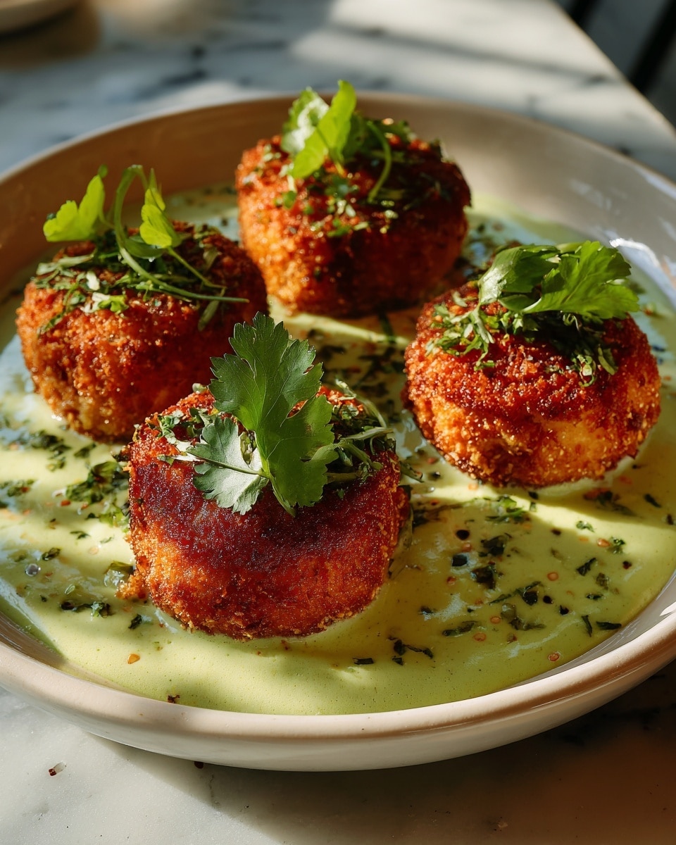 The image shows four round, golden-brown crispy balls placed on a smooth, creamy light green sauce spread evenly on a white plate. Each ball has a crunchy, textured surface and is topped with small green herb leaves and finely chopped green herbs sprinkled on top. The white plate is set against a white marbled texture background. The dish looks fresh and well-presented, with a nice contrast between the warm colors of the balls and the cool green sauce. photo taken with an iphone --ar 4:5 --v 7
